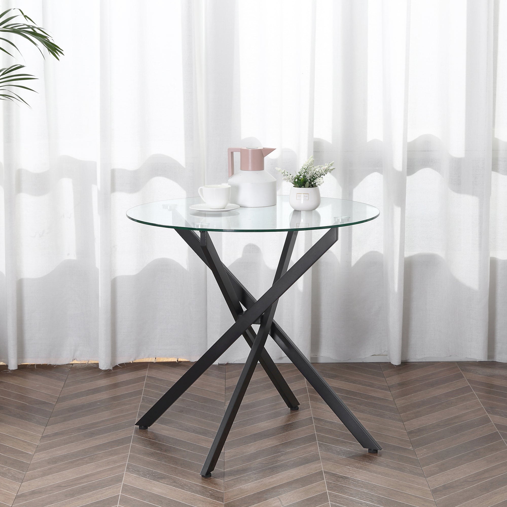HOMCOM Dining Table with Clear Tempered Glass Top, Round Table with Metal Legs, Modern Kitchen Table for Dining Room Living Room, Black - North Peak Garden Furniture