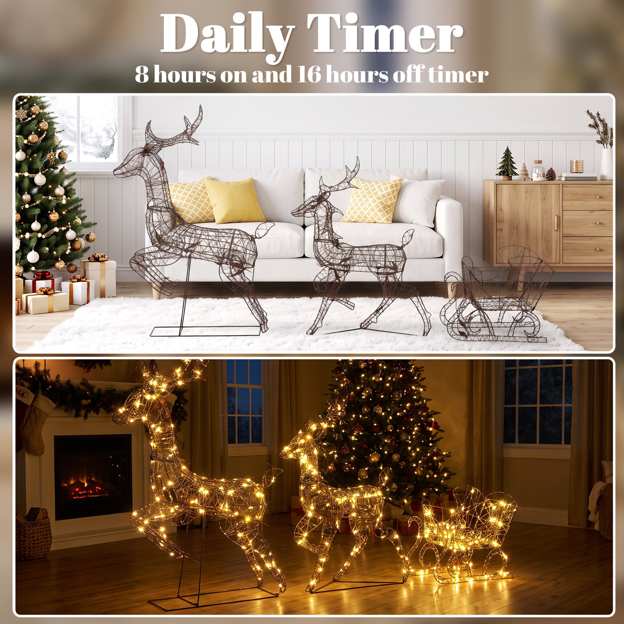 Outsunny 3-Piece Lighted Reindeer and Sleigh Set, PP Rattan Outdoor Christmas Decoration with LEDs, 8 Modes, Daily Timer