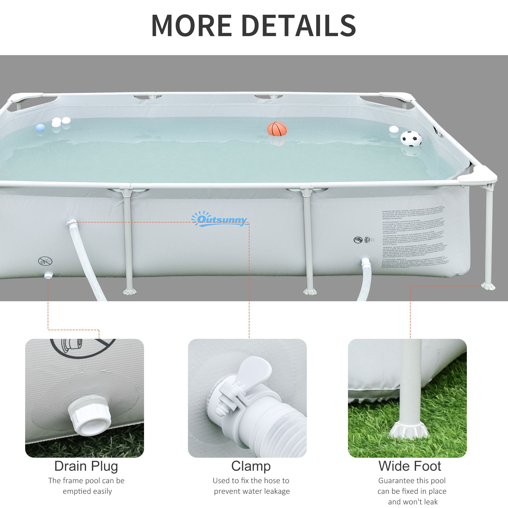 Outsunny Steel Frame Pool with Filter Pump, Filter Cartridge, Reinforced Sidewalls Rust Resistant Above Ground Swimming Pool 252 x 152 x 65cm, Grey