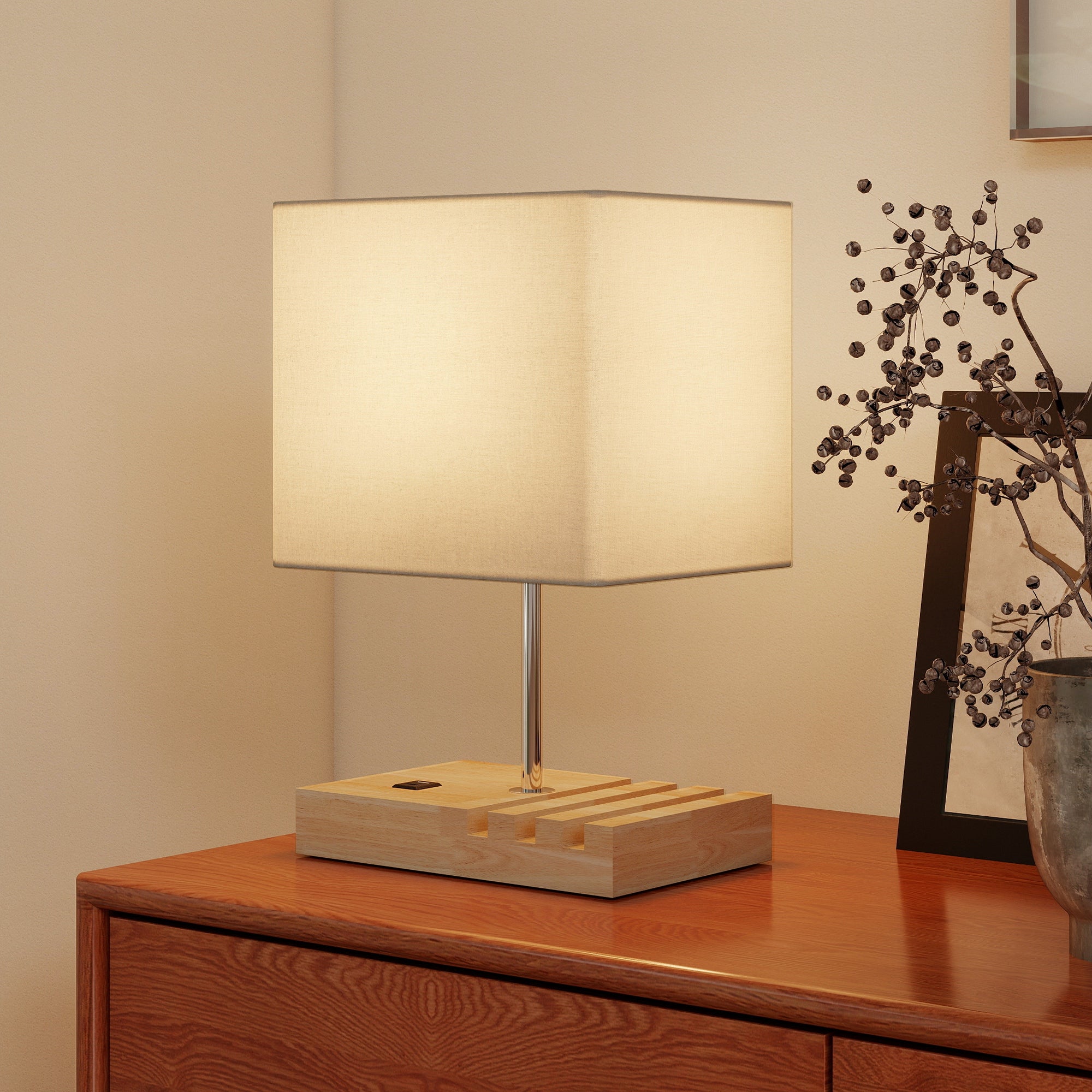 HOMCOM Bedside Lamp with USB A+C Charging Ports and 3 Phone Stands, Modern Table Lamp with Solid Wood Base and Fabric Shade for Bedroom Living Room Office, E27 Socket, Bulb Not Included, White