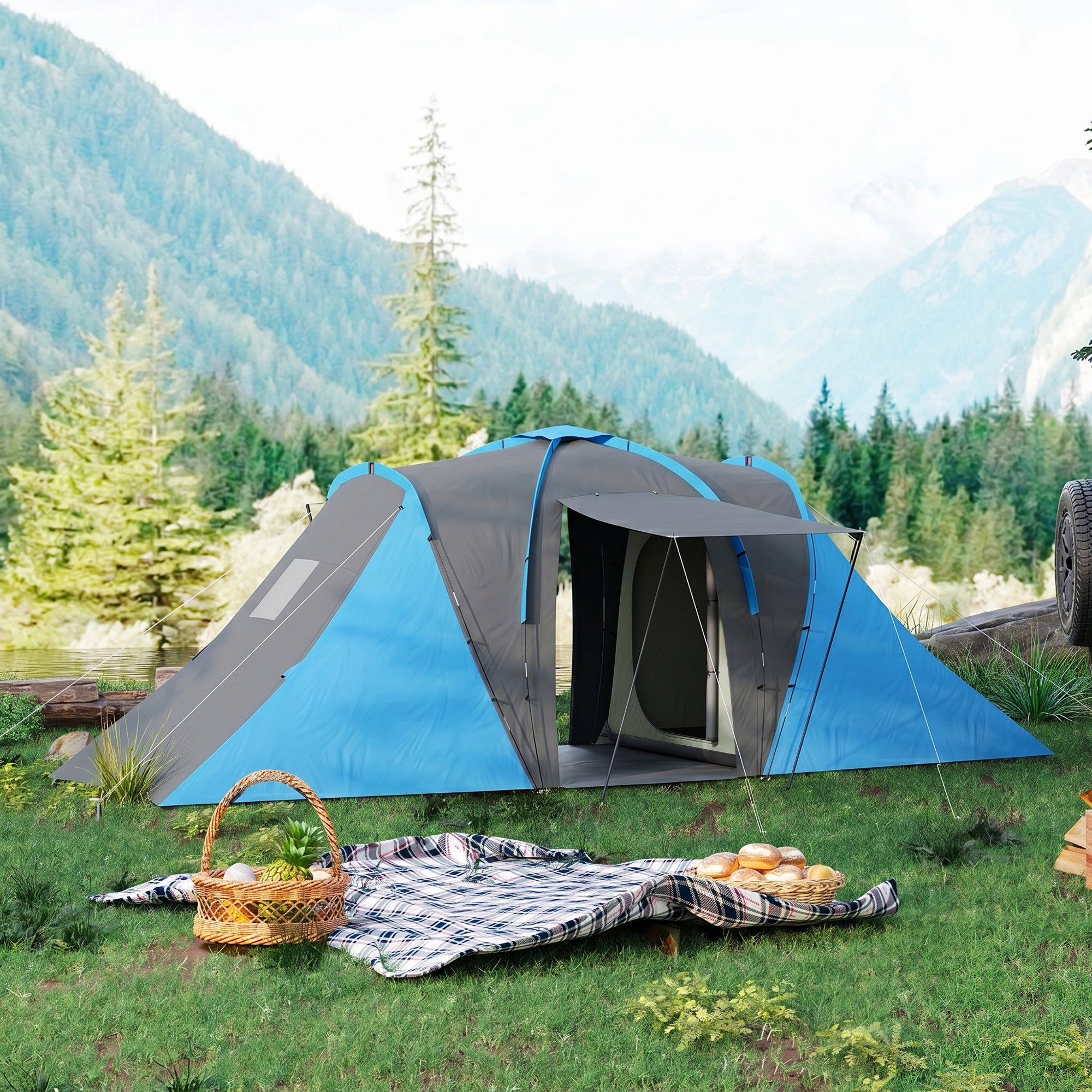 Outsunny Large Camping Tent Tunnel Tent with 2 Bedroom and Living Area, 2000mm Waterproof, Portable with Bag for 4-6 Man, Blue