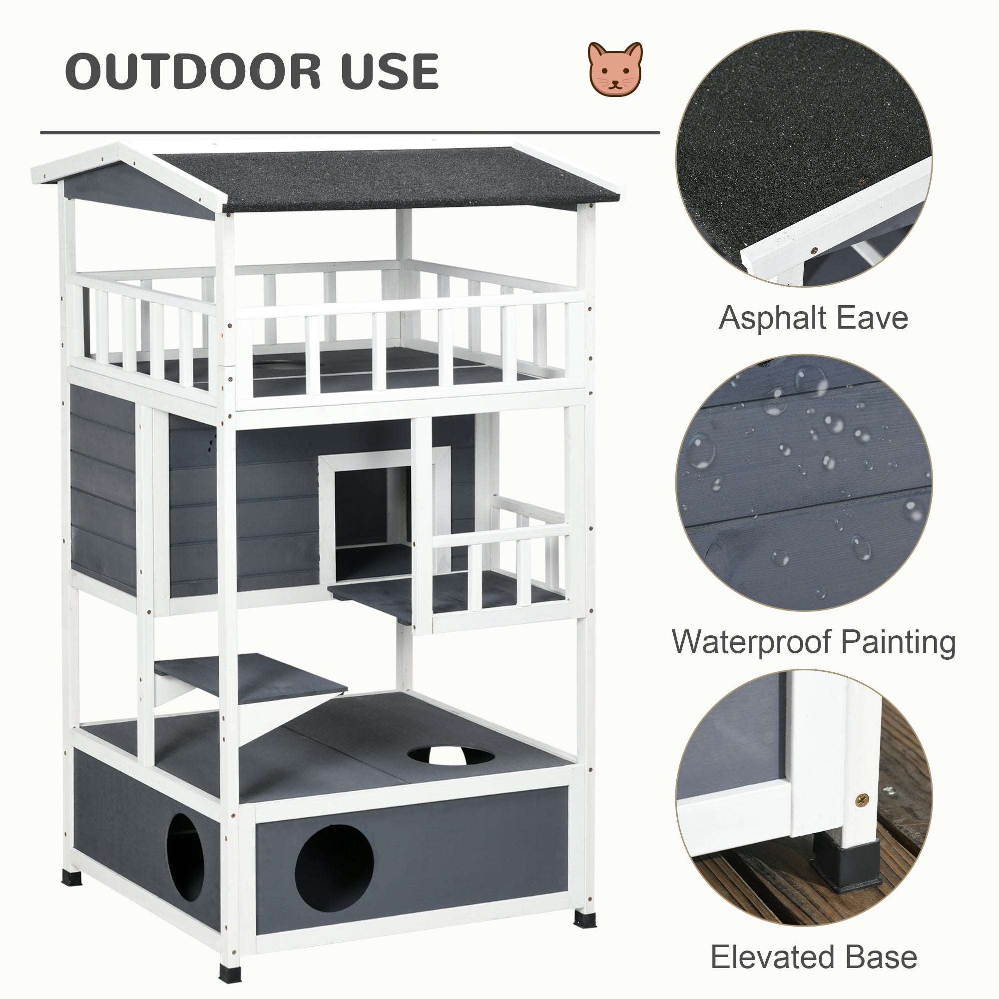PawHut Wooden Outdoor Cat House 3-Tier for Winter Kitten Shelter Lodge w/ Tilted Roof Terrace Jump Step Bottom Tray Elevated Base Waterproof Paint Grey - North Peak Garden Furniture