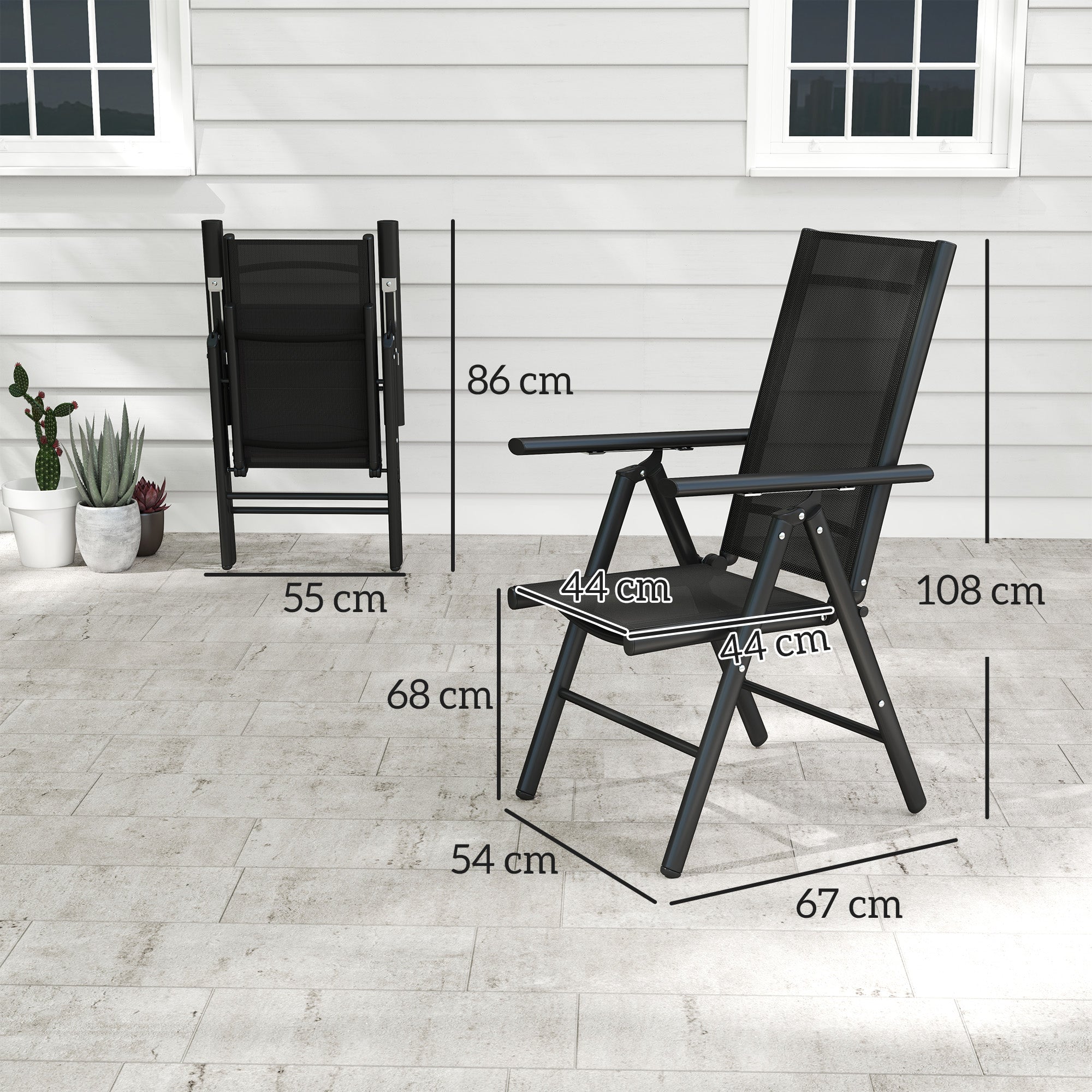 Outsunny Set of 2 Folding Chair, Aluminium Frame Outdoor Camping Chairs with Breathable Mesh Back and Seat, Garden Chair Set with Armrests for Balcony, Black - North Peak Garden Furniture