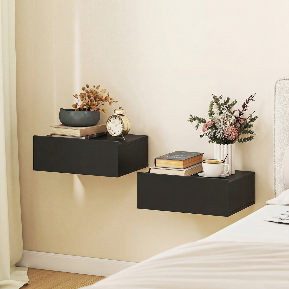 HOMCOM Floating Bedside Table Set of 2, Wall-Mounted Nightstand with Storage Drawer, Small Side End Table for Bedroom, Black