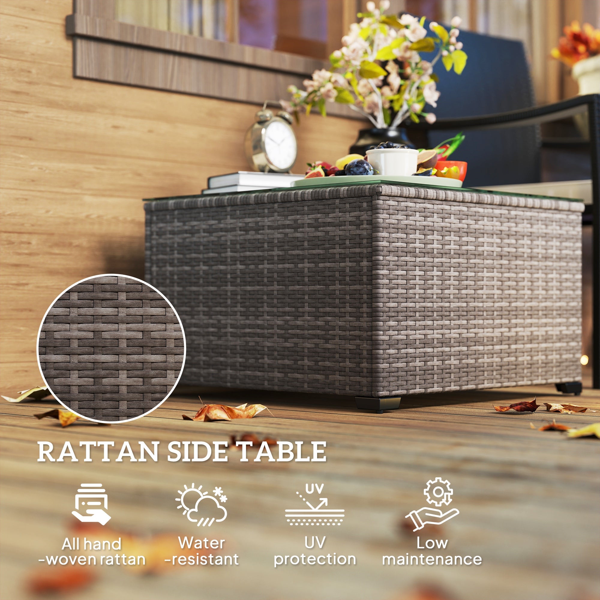 Outsunny 62 x 62cm Glass-Top Rattan Side Table - Black - North Peak Garden Furniture