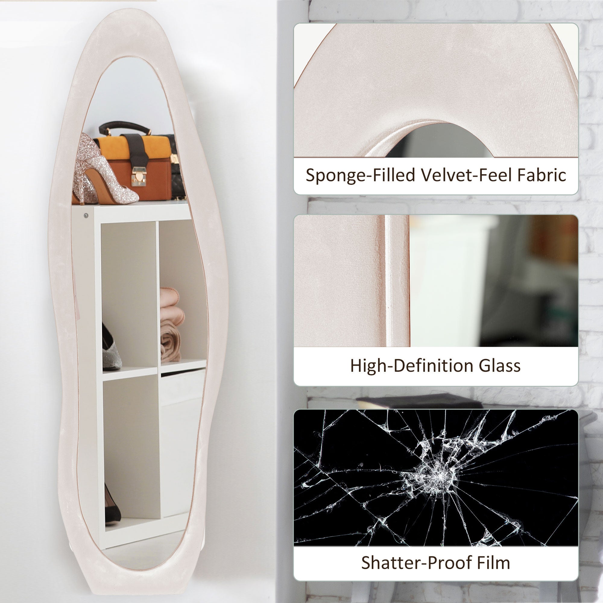 HOMCOM Wavy Velvet-Feel Full Length Mirror - Light Pink - North Peak Garden Furniture