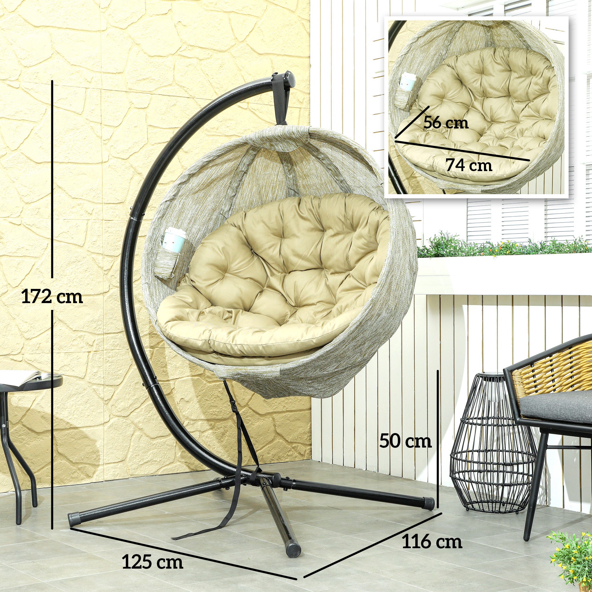 Outsunny Hanging Egg Chair Outdoor Indoor Garden Swing Chair with Folding Basket, Garden Hanging Chair with Stand, Thickened Cushion, Cup Holder for Patio, Balcony, Khaki