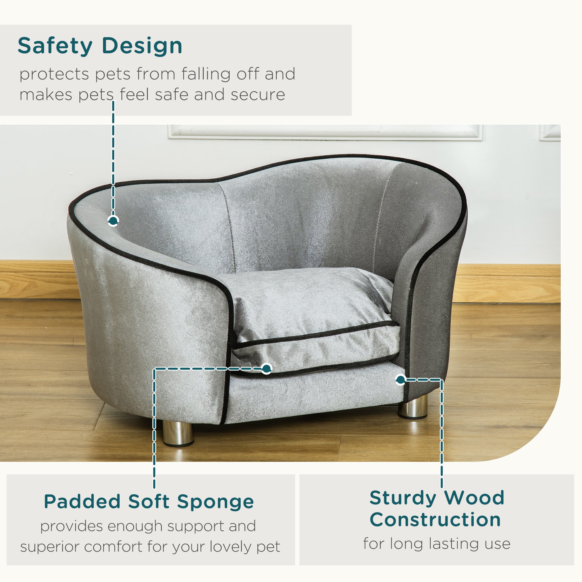 PawHut Dog Sofa Pet Chair, Kitten Bed Couch w/ Wooden Frame, Removable Cushion - Silver-Tone and Grey - North Peak Garden Furniture