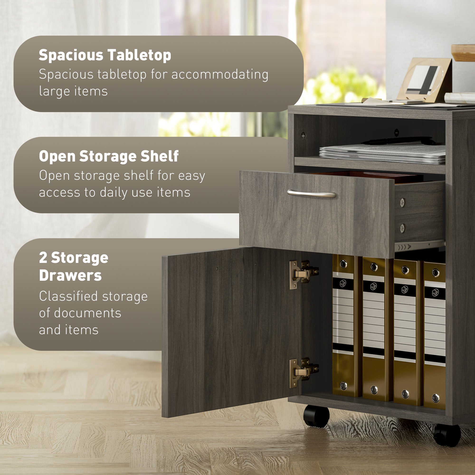 HOMCOM 60cm Filing Cabinet with Drawer, Open Shelf, Metal Handles and 4 Wheels, Office Home Organiser Mobile Printer, Grey - North Peak Garden Furniture