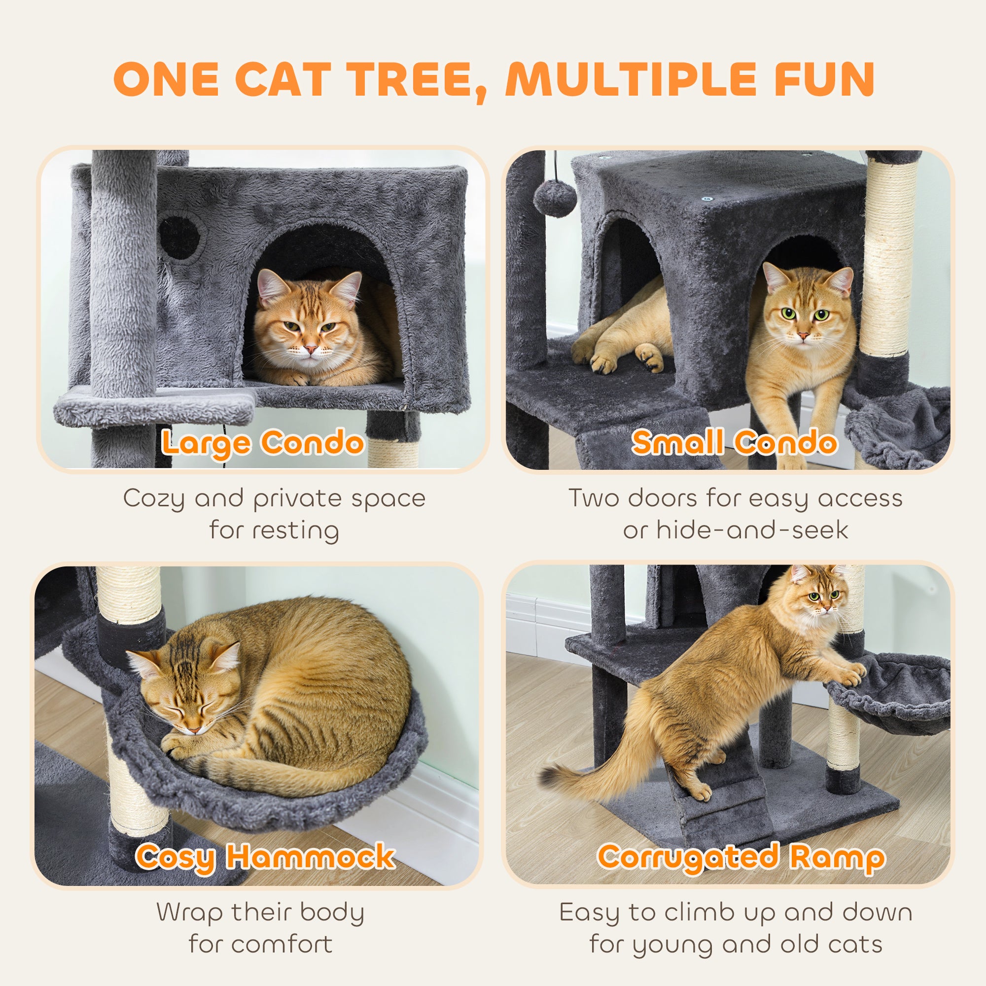 PawHut 160cm Large Cat Tree Tower with Sisal Scratching Posts, Condos, Plush Perches, Hammock, Ladder, Dark Grey