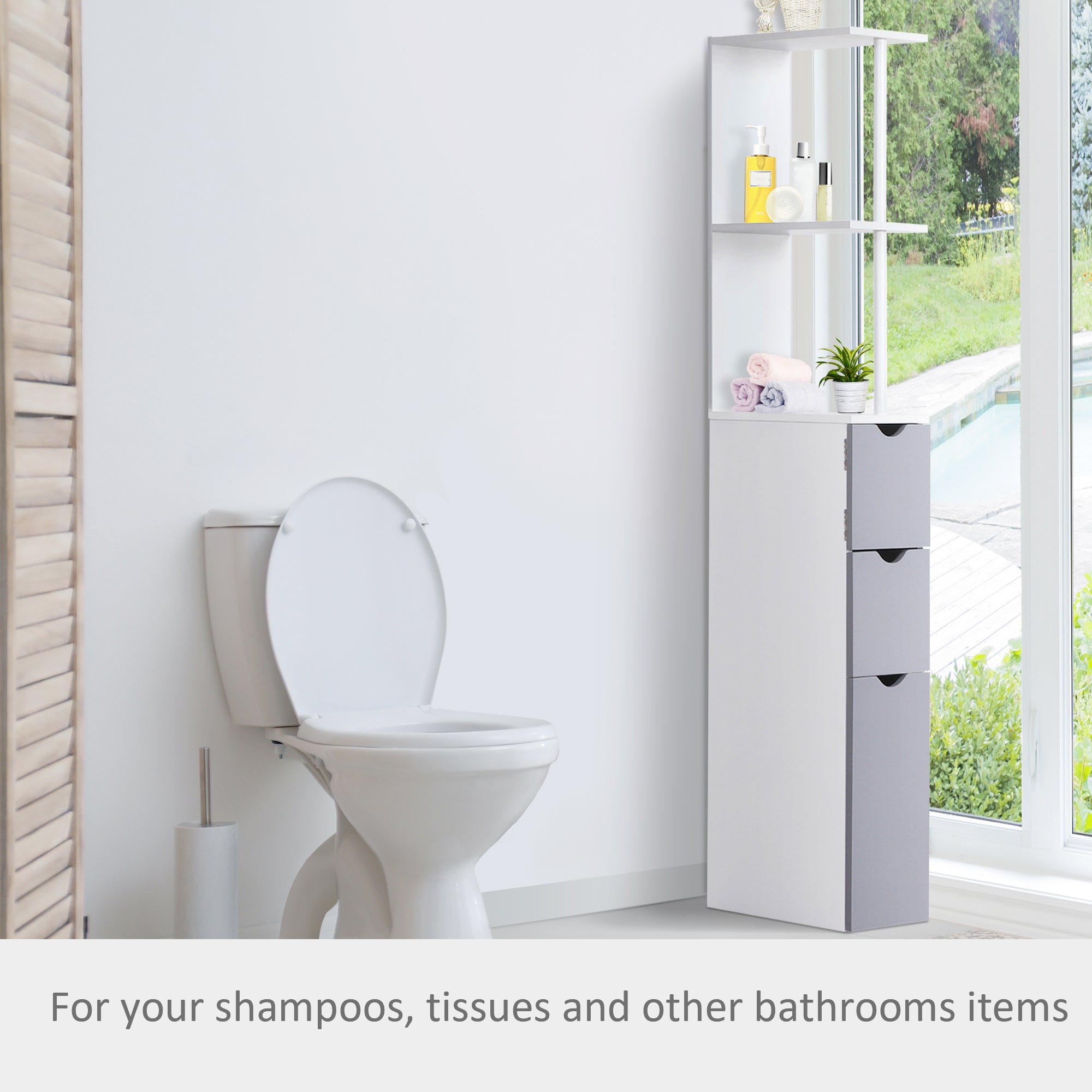 HOMCOM Tall Bathroom Cabinet, Freestanding Bathroom Storage Cabinet with 2-Tier Shelf and Drawers, Narrow Cupboard Storage Unit, White, Grey - North Peak Garden Furniture