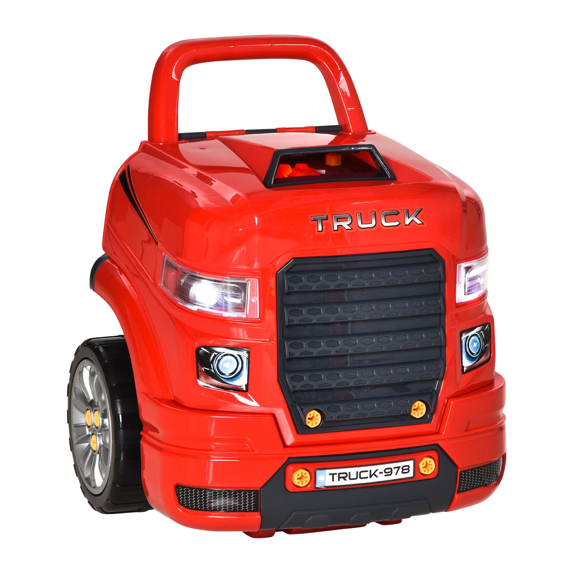 HOMCOM Kids Truck Engine Toy Set, Toddler Educational Car Service Station Playset, Take Apart Workshop, w/ RC Car Key, Steering wheel, Horn, Light, for 3-5 Years Old Red - North Peak Garden Furniture