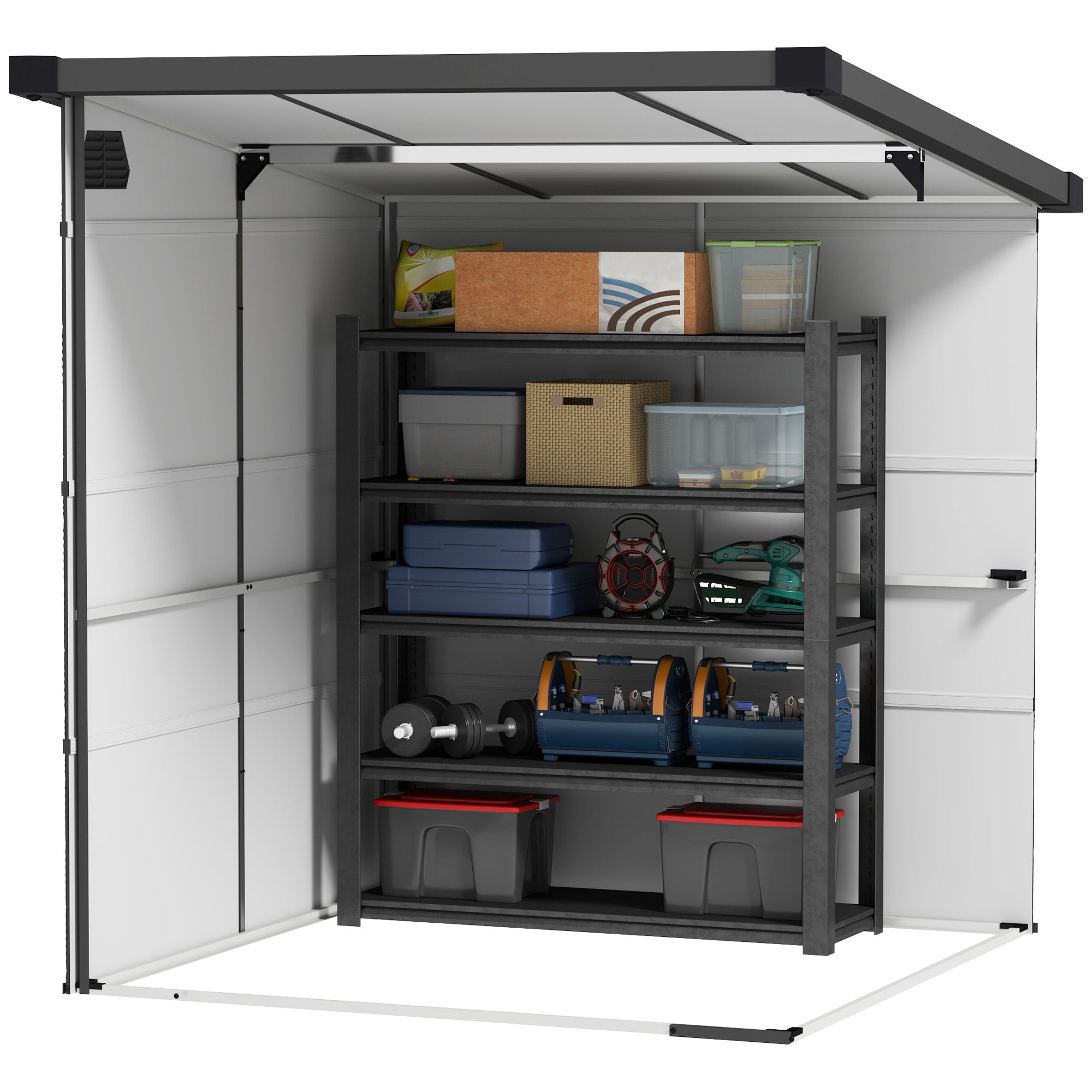 Outsunny 6 x 6ft Outdoor Storage Shed, Plastic Garden Shed with Windows and Air Vents, Outdoor Resin Tool Shed with Latch Doors for Garden, Deck, Dark Grey - North Peak Garden Furniture