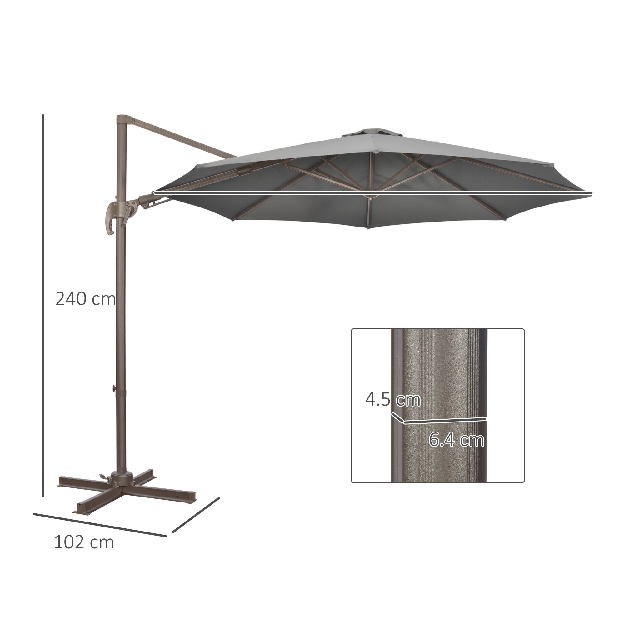 Outsunny 3(m) Cantilever Parasol 360° Rotation Roma Umbrella Hanging Sun Shade with Aluminium Frame, Tilt Crank, 8 Ribs and Cross Base, Dark Grey