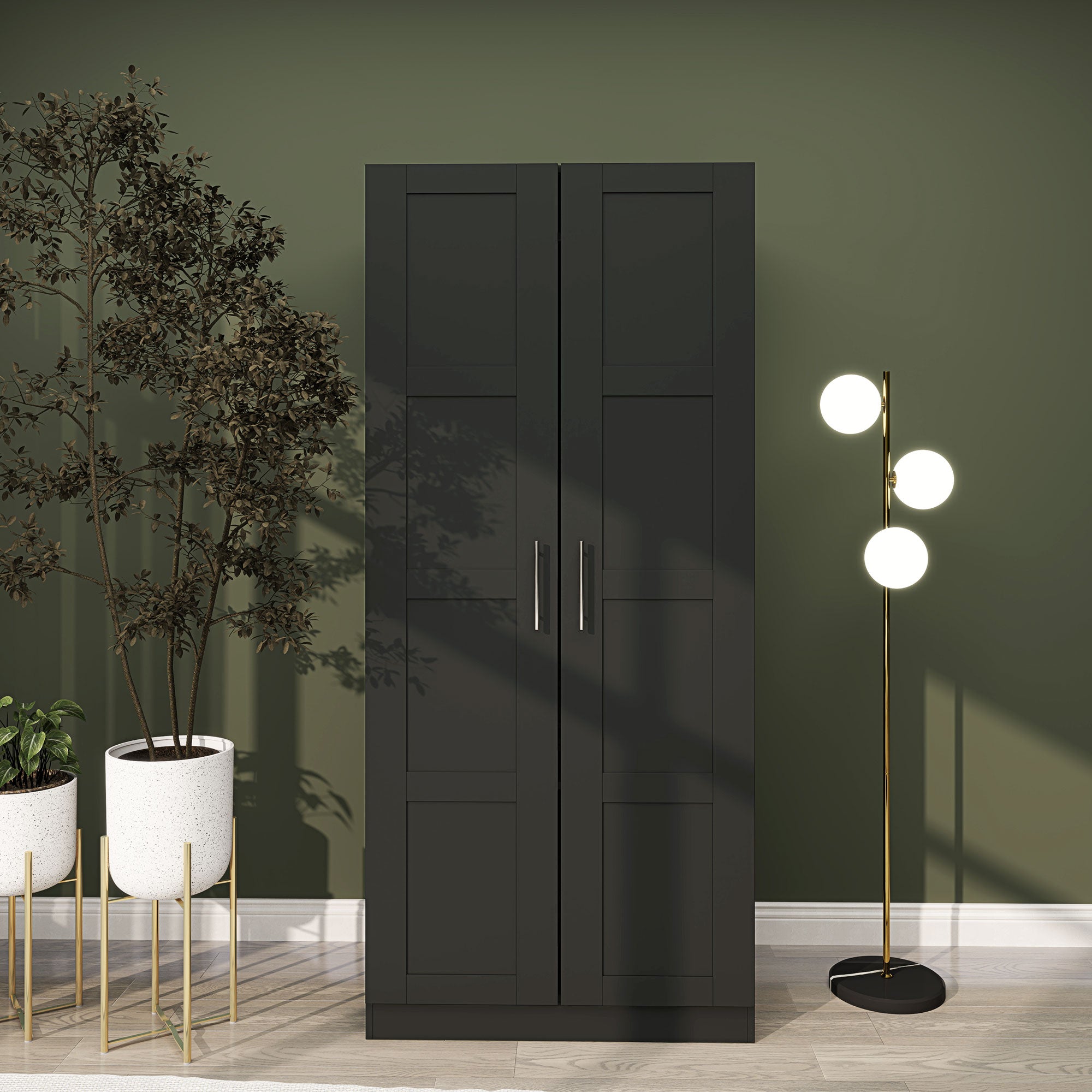 HOMCOM Double Paneled Door Wardrobe, with Shelves - Black - North Peak Garden Furniture