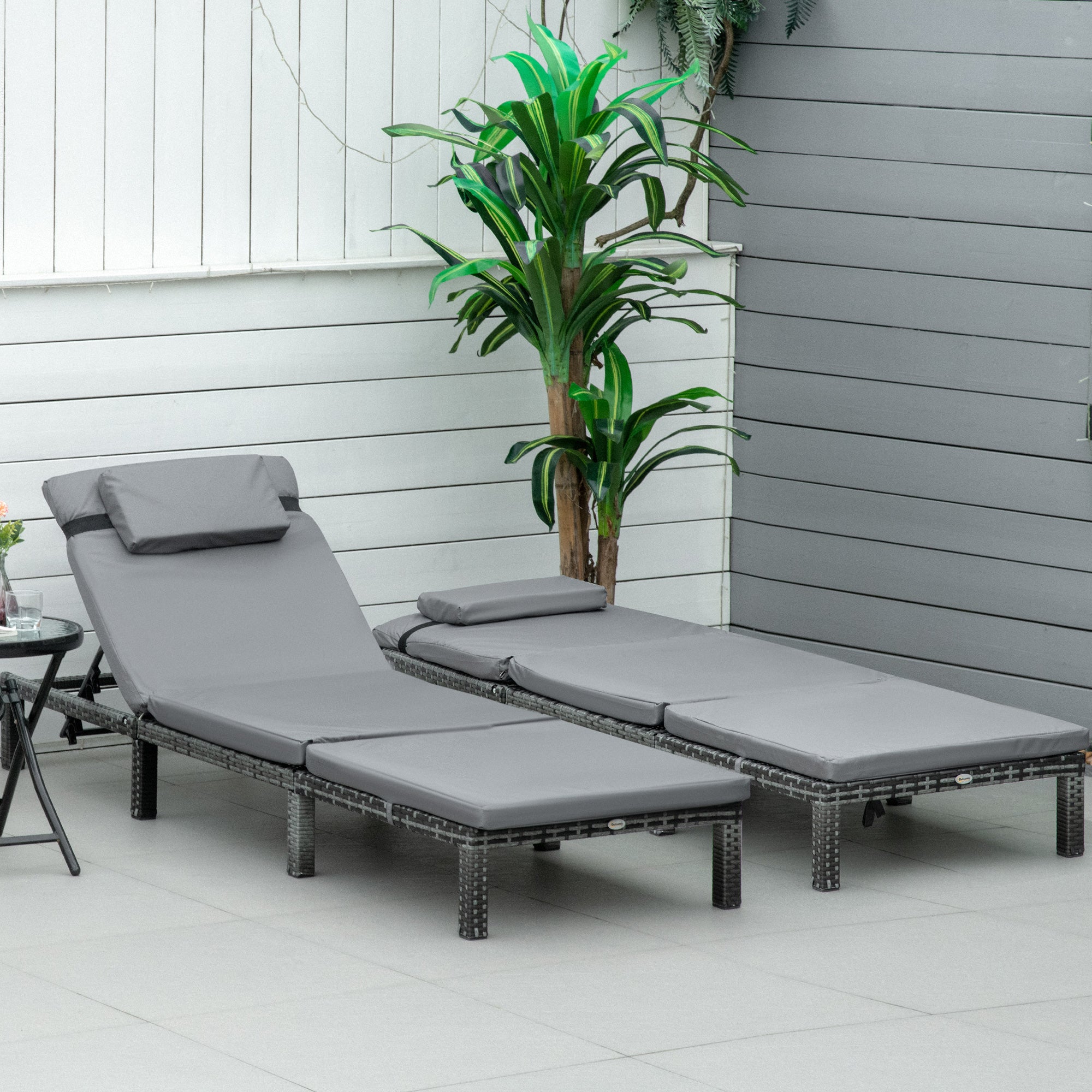 Outsunny 2 Pieces Outdoor PE Rattan Sun Loungers set of 2 with Cushion, Garden Wicker Sunbed Furniture with 5-Level Recliner Backrest, Grey - North Peak Garden Furniture