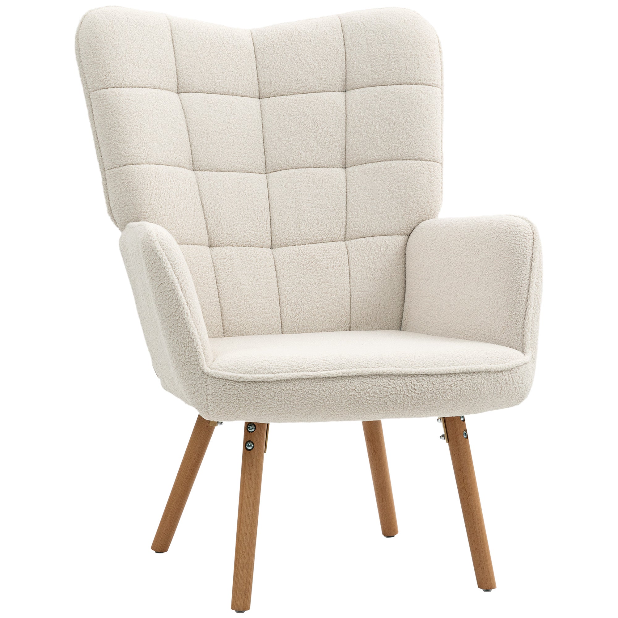 HOMCOM Modern Accent Chair, Upholstered Tufted Wingback Armchair with Seat Padding, Teddy Fleece Leisure Lounge Bedroom Chair with Wood Legs, Cream White - North Peak Garden Furniture