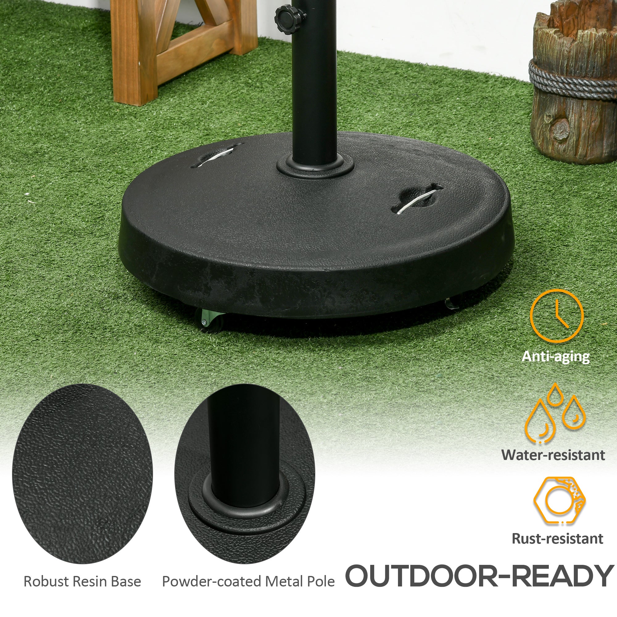 Outsunny 25kg Resin Garden Parasol Base with Wheels and Retractable Handles, Round Outdoor Market Umbrella Stand Weight for Poles of Φ38mm to Φ48mm, Black