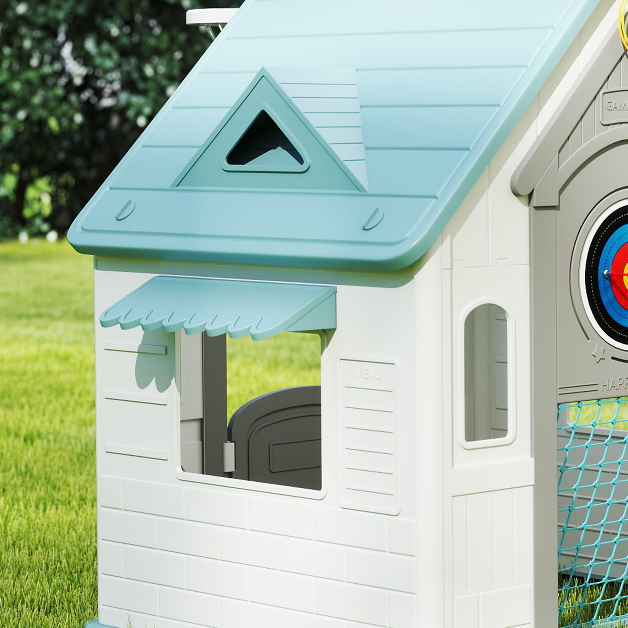 AIYAPLAY 5-in-1 Playhouse for Kids Outdoor Indoor with Basketball Hoop, Football Goal, Dartboard, Ring Toss for 2-5 Years, Beige