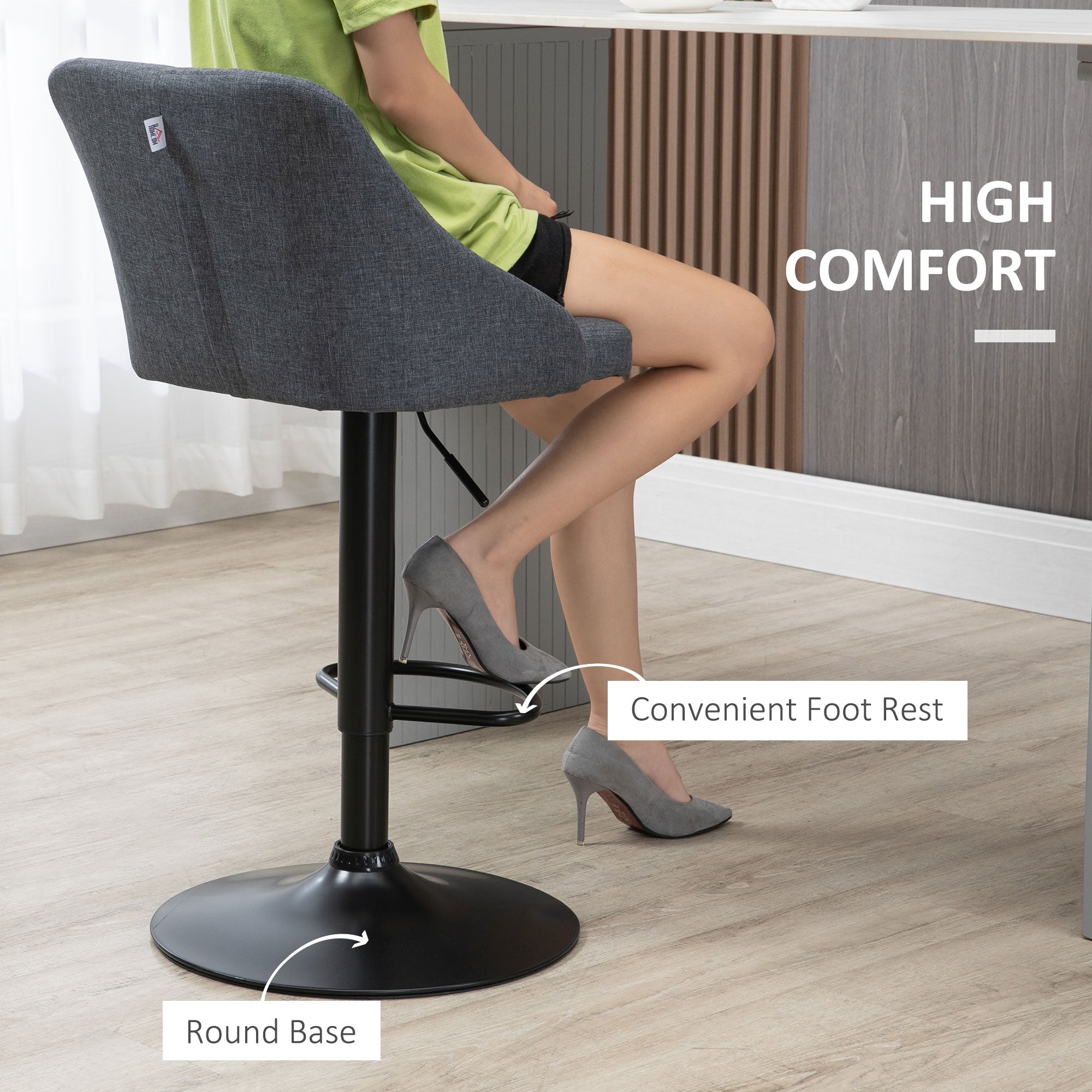 HOMCOM Modern Adjustable Bar Stools Set of 2, Swivel Fabric Barstools with Footrest, Armrests and Back, for Kitchen Counter and Dining Room, Dark Grey - North Peak Garden Furniture