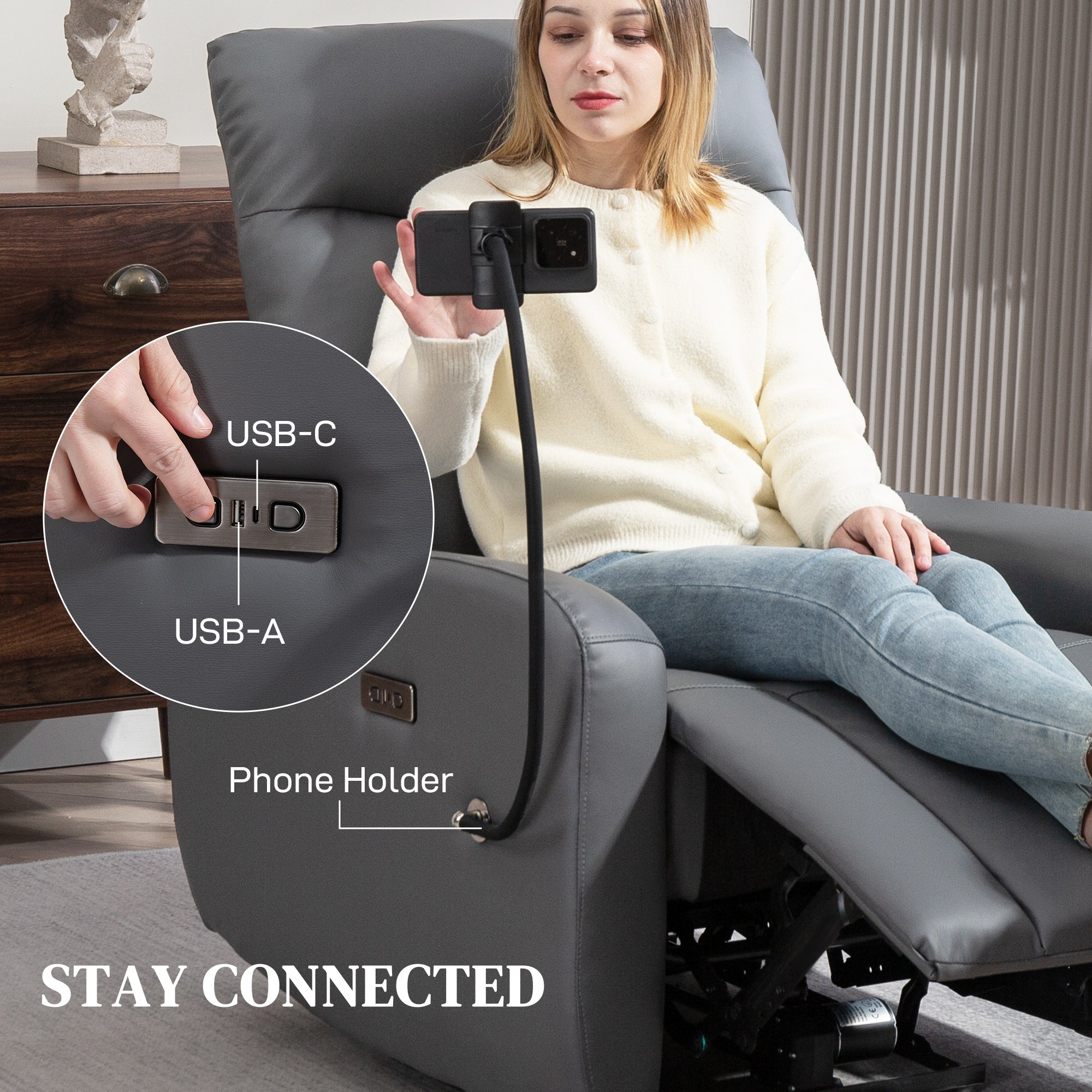 HOMCOM Electric Recliner Armchair with USB + Type C Charge Port, Phone Holder, PU Leather Reclining Chair with Adjustable Leg Rest, Recliner Chair for Home Living Room Theater, Grey - North Peak Garden Furniture