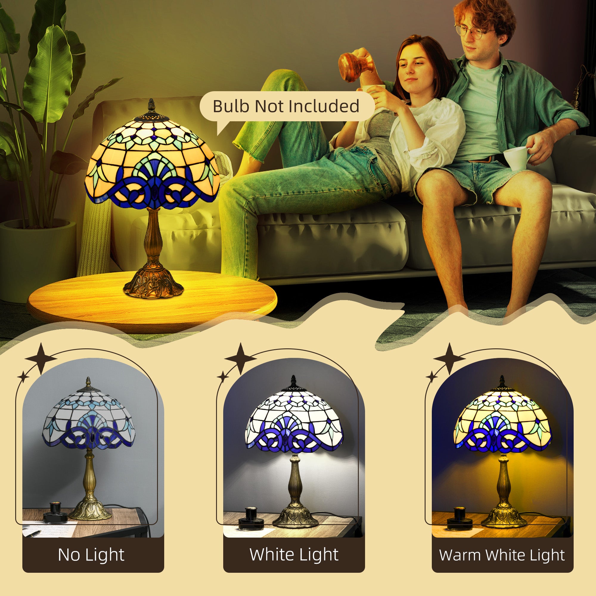 HOMCOM Stained Glass Table Lamp, Handmade Antique Bedside Lamp for Bedroom, Living room, Home, Nightstand, Decorative Night Light, Blue - North Peak Garden Furniture