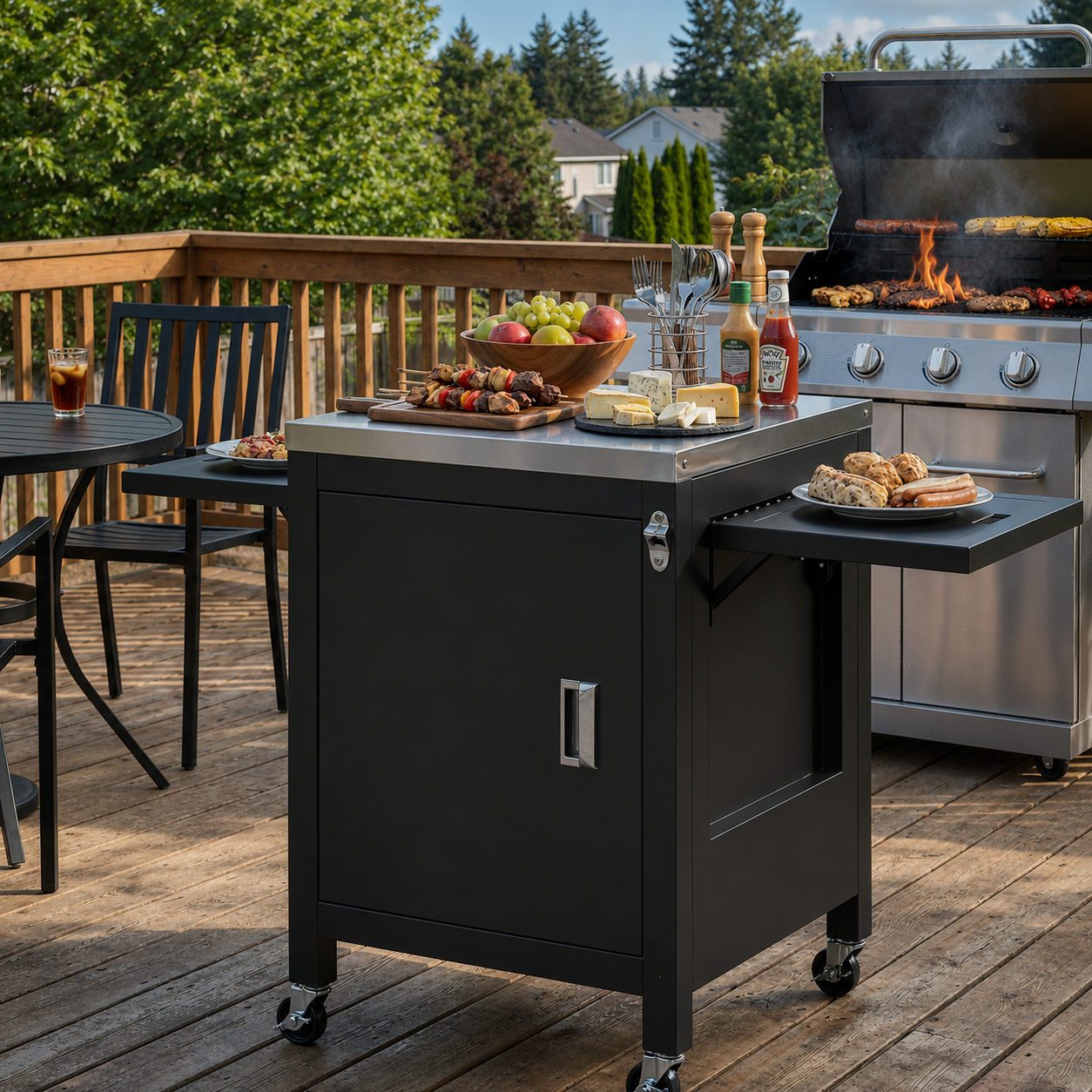 Outsunny Outdoor Grill Cart with Stainless Steel Tabletop, BBQ Table with a Cabinet, Towel Holder, Bottle Opener, Black