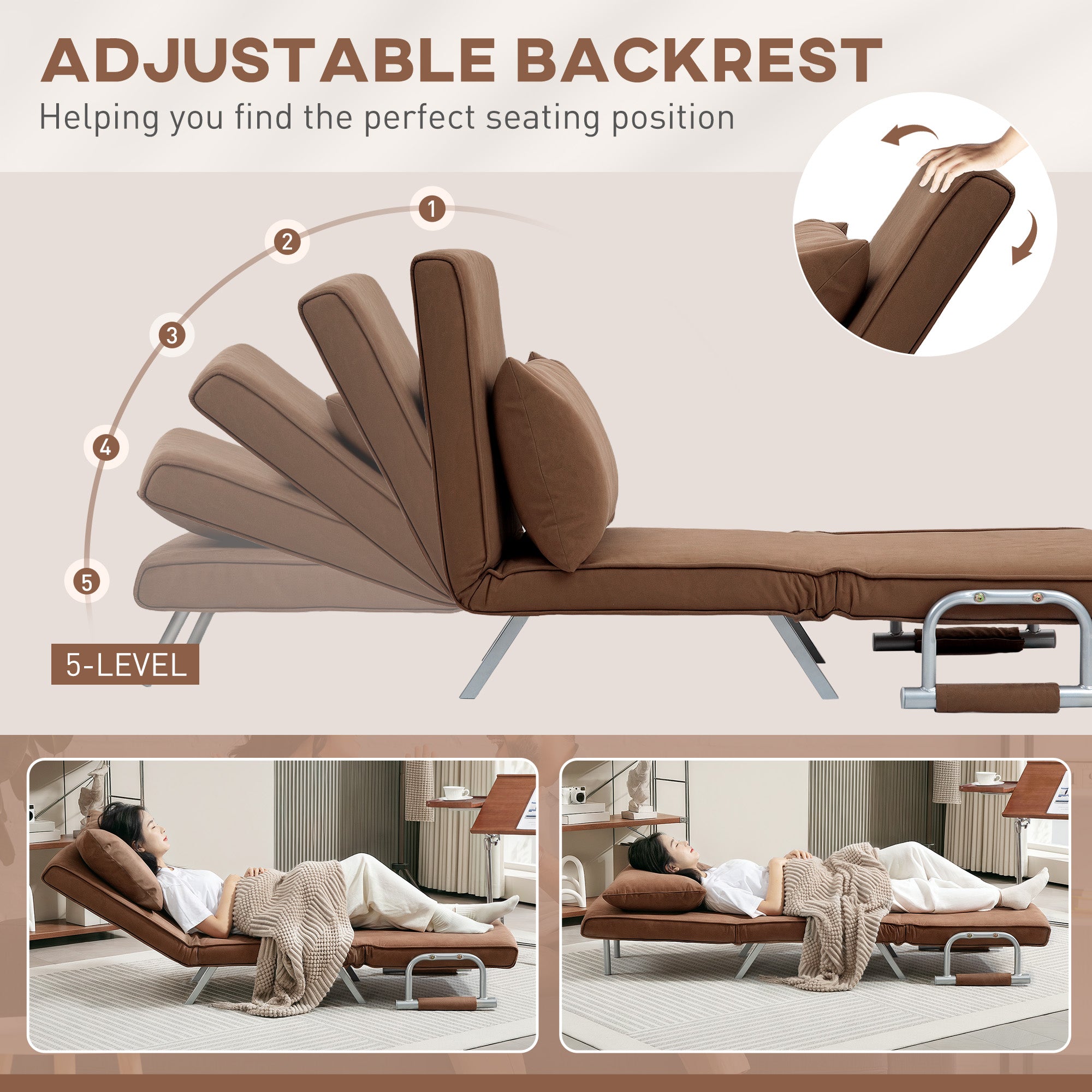 HOMCOM 4-in-1 Faux Suede Chair Bed - Coffee - North Peak Garden Furniture