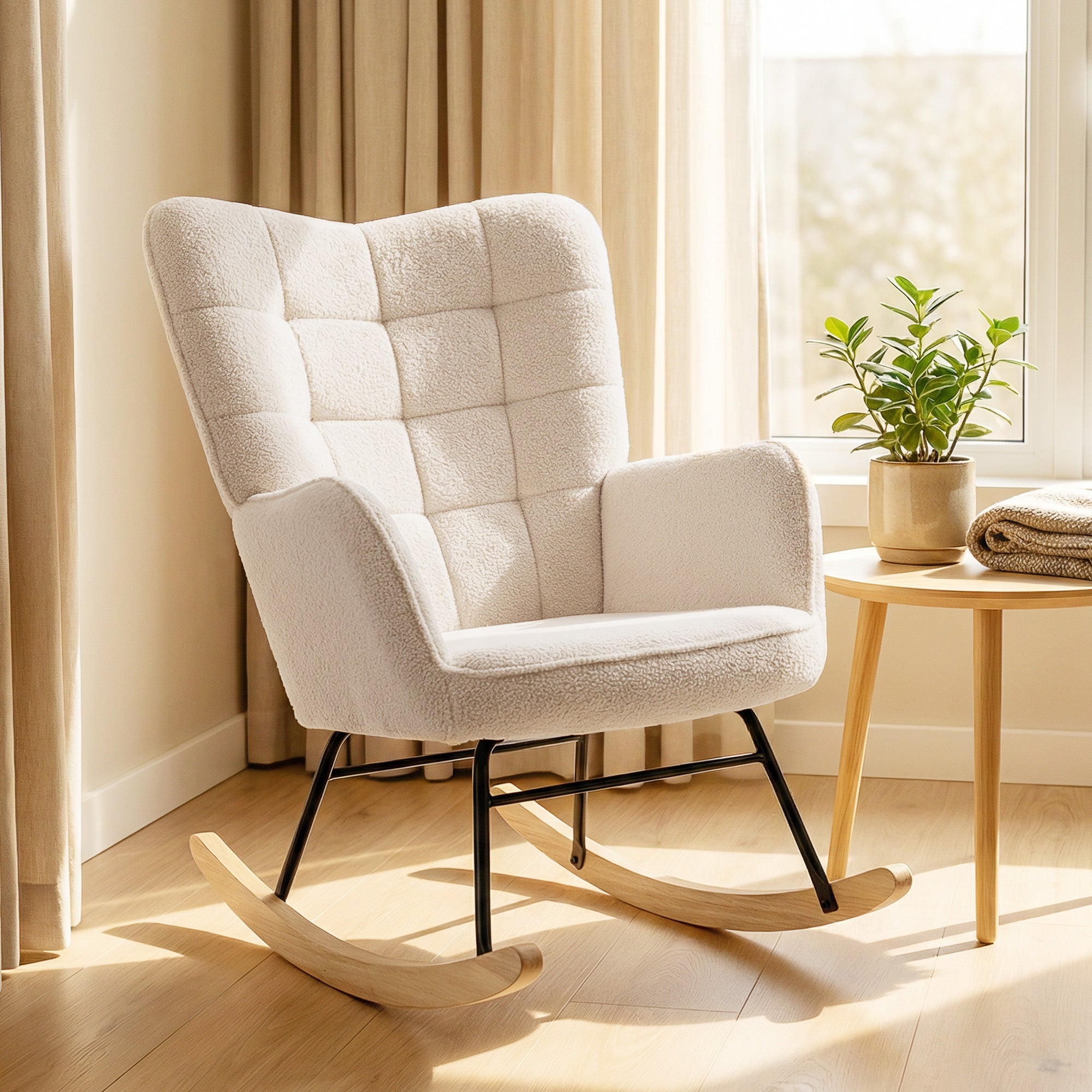 HOMCOM Berber Fleece Nursery Glider Rocker for Nursing, Wingback Rocking Chair for Living Room, Beige