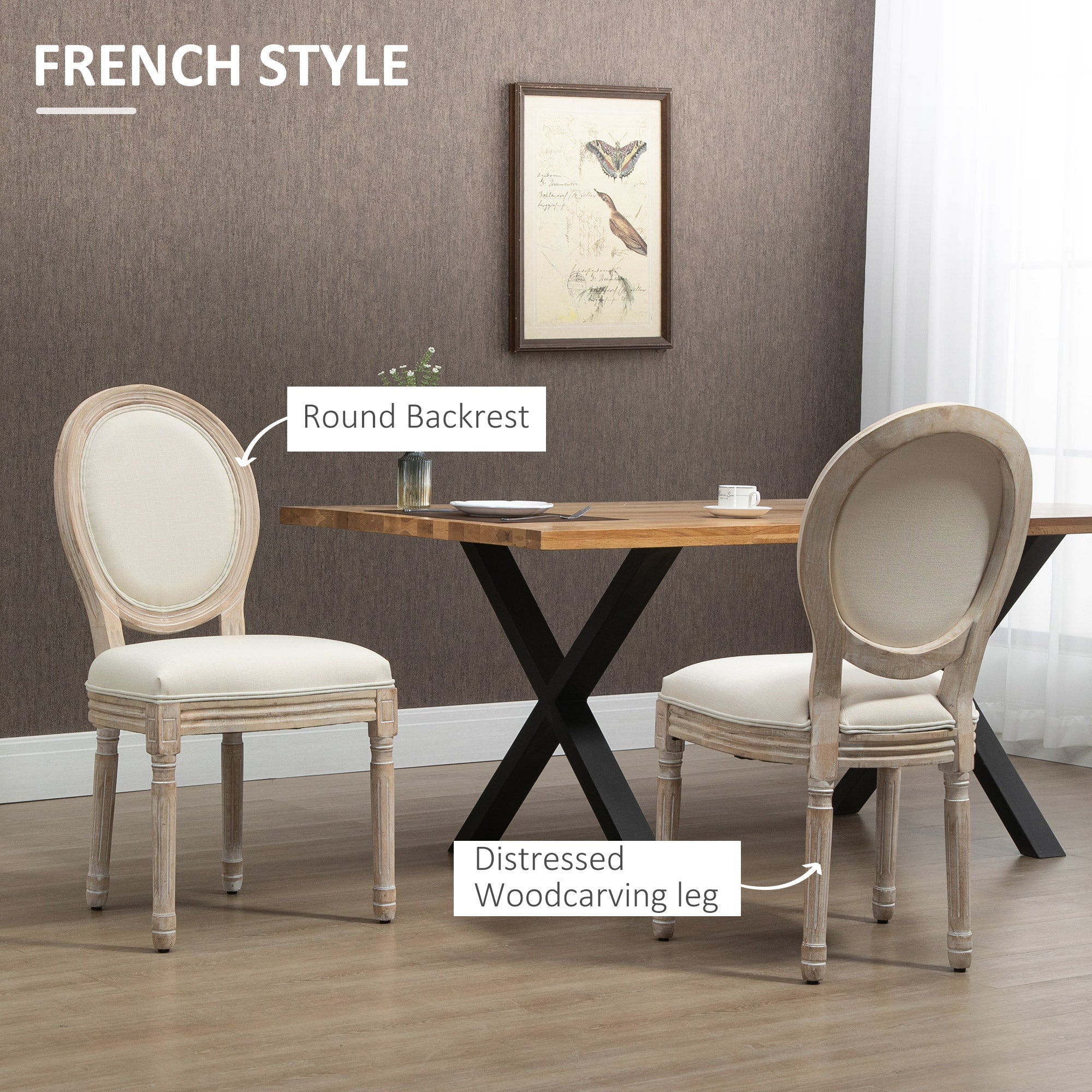 HOMCOM Set of Two French-Inspired Wooden Dining Chairs - Cream - North Peak Garden Furniture