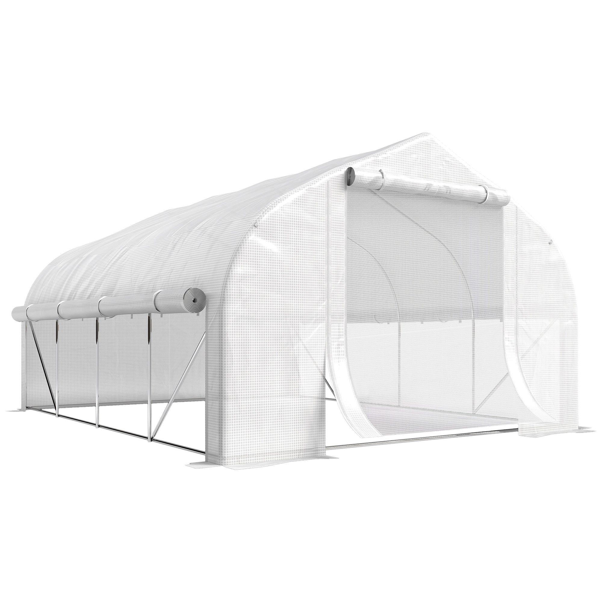 Outsunny 4 x 3(m) Walk-in Polytunnel Greenhouse, Zipped Roll Up Sidewalls, Mesh Door, 8 Mesh Windows, Tunnel Warm House Tent with PE Cover, Complimentary Plant Labels and Gloves, White