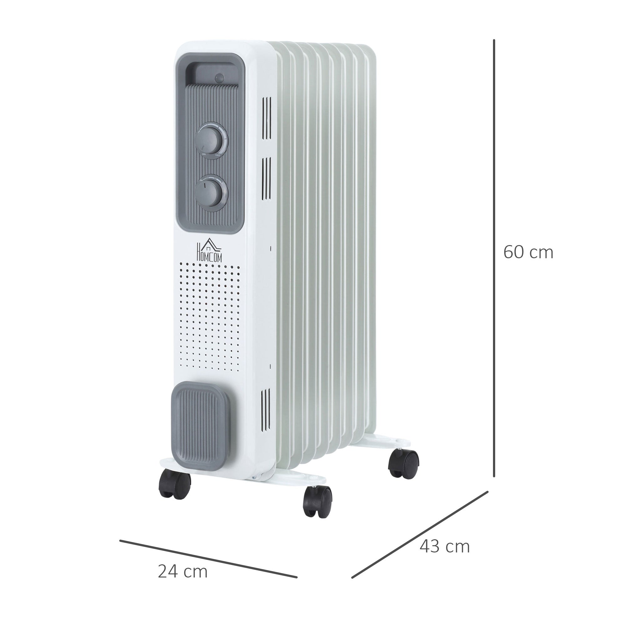 HOMCOM 2000W Oil Filled Radiator, 9 Fin, Portable Electric Heater with 3 Heat Settings, Safety Cut-Off and Wheels, White - North Peak Garden Furniture