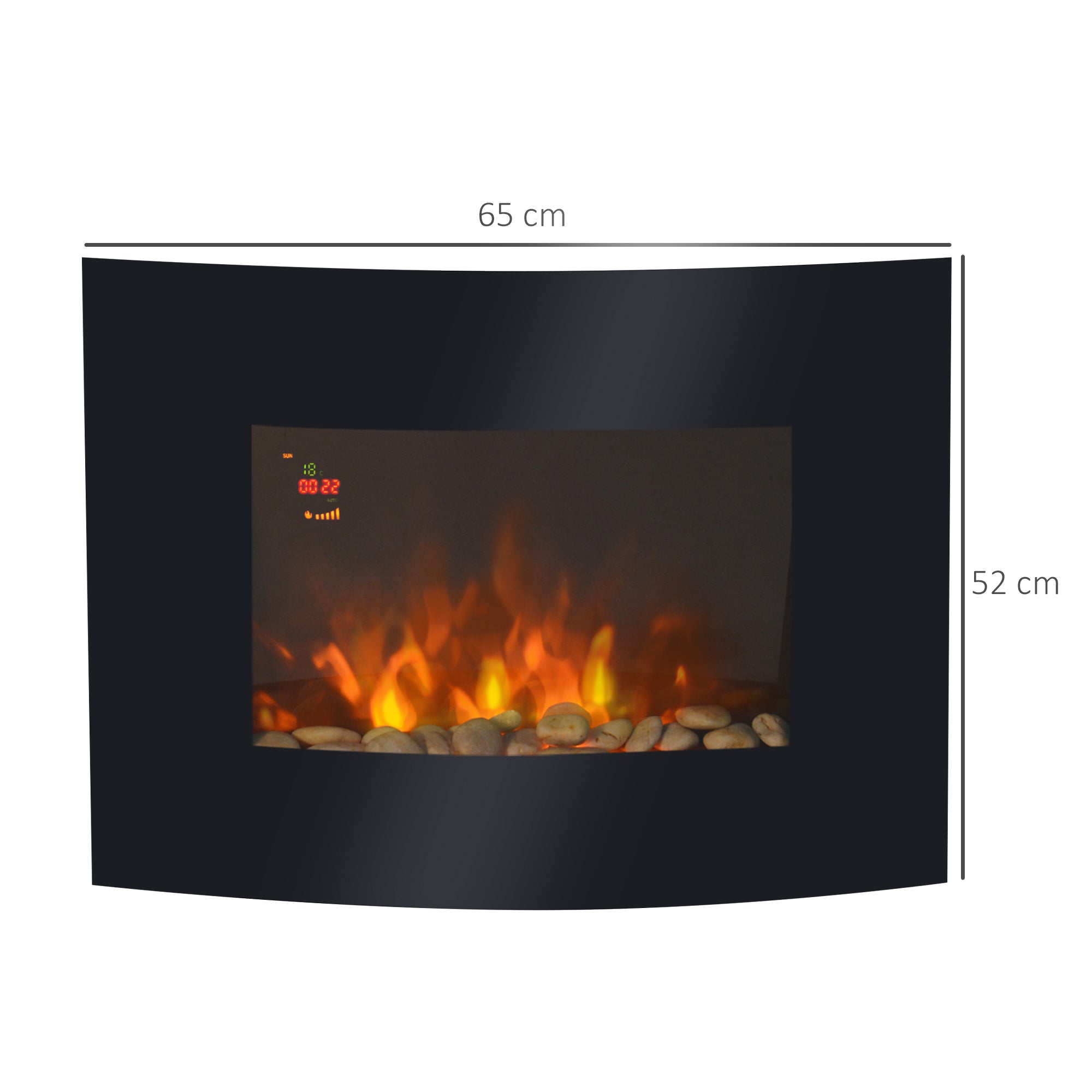 HOMCOM Led Wall Mounted Fireplace Curved Glass Electric Fire Place Fire Place 7 Colour Side Lights Slimline, 900/1800W, 65cm x 52cm