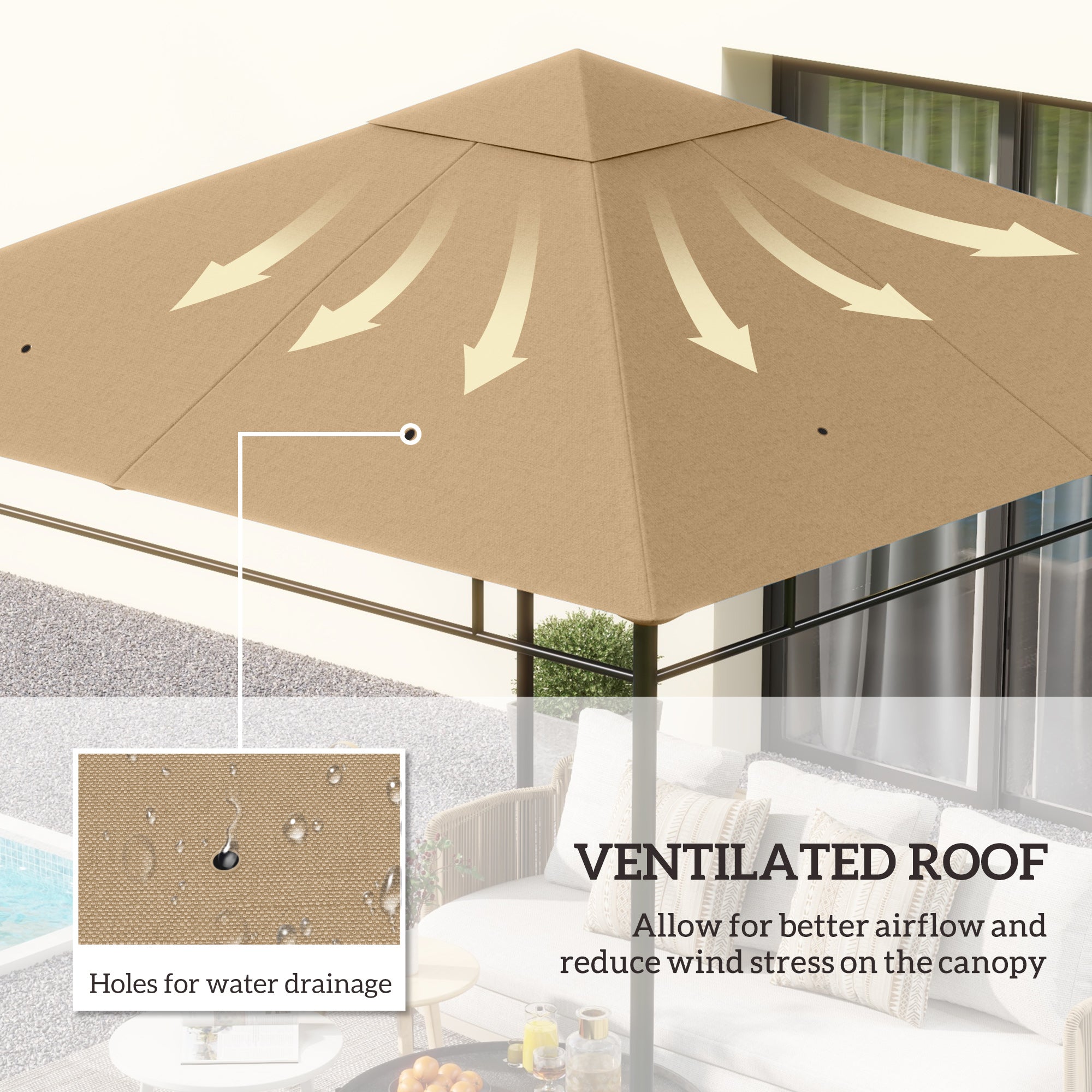 Outsunny 3 x 3 m Gazebo Canopy Replacement Cover, Garden Gazebo Roof Replacement with Drain Holes, TOP COVER ONLY, Beige