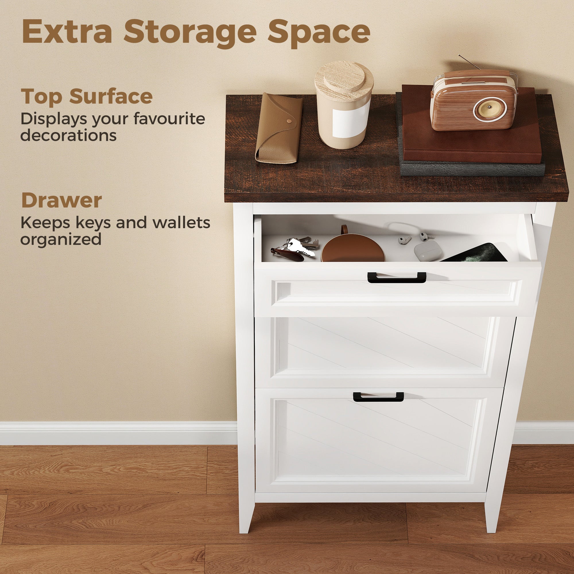 HOMCOM Shoe Cabinet with 2 Flip Drawers, Farmhouse Narrow Shoe Storage Cabinet with Adjustable Shelves, White