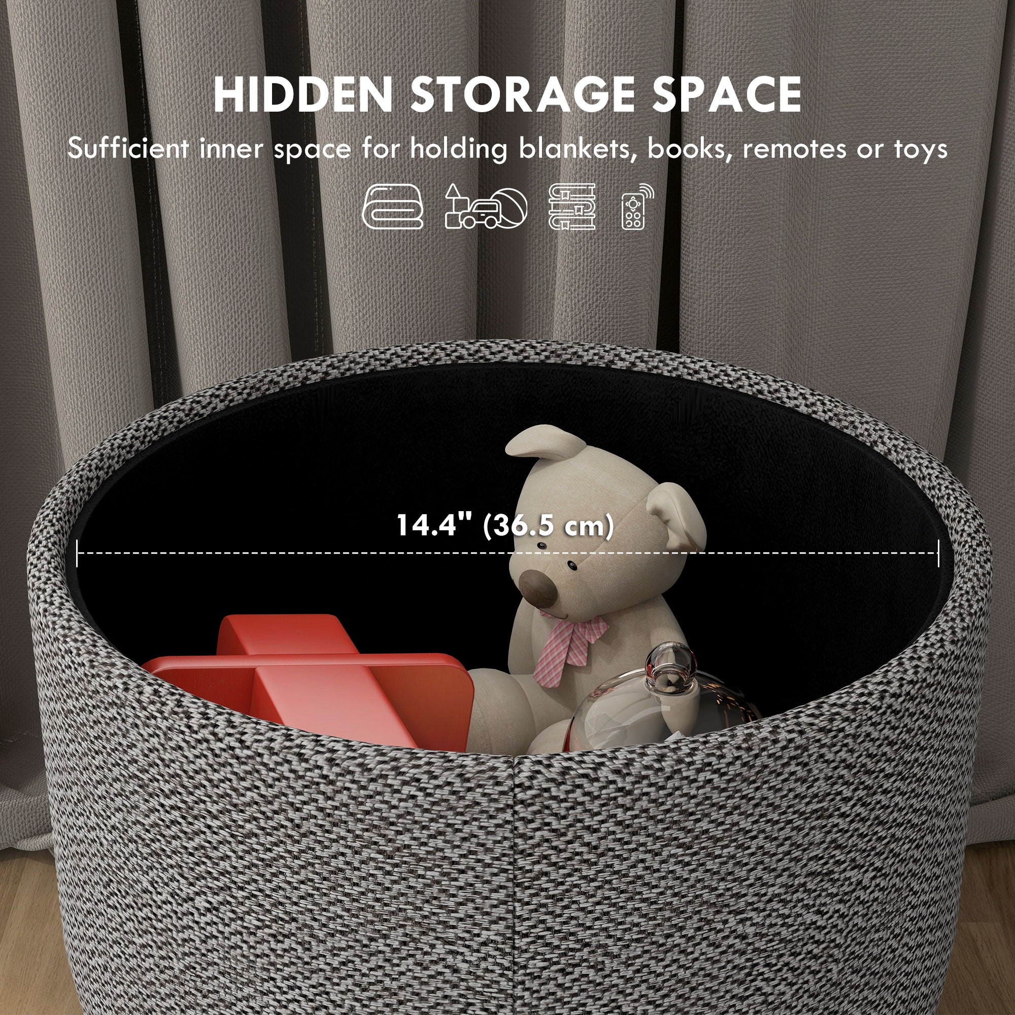 HOMCOM Round Linen-Look Storage Ottoman - Light Grey - North Peak Garden Furniture