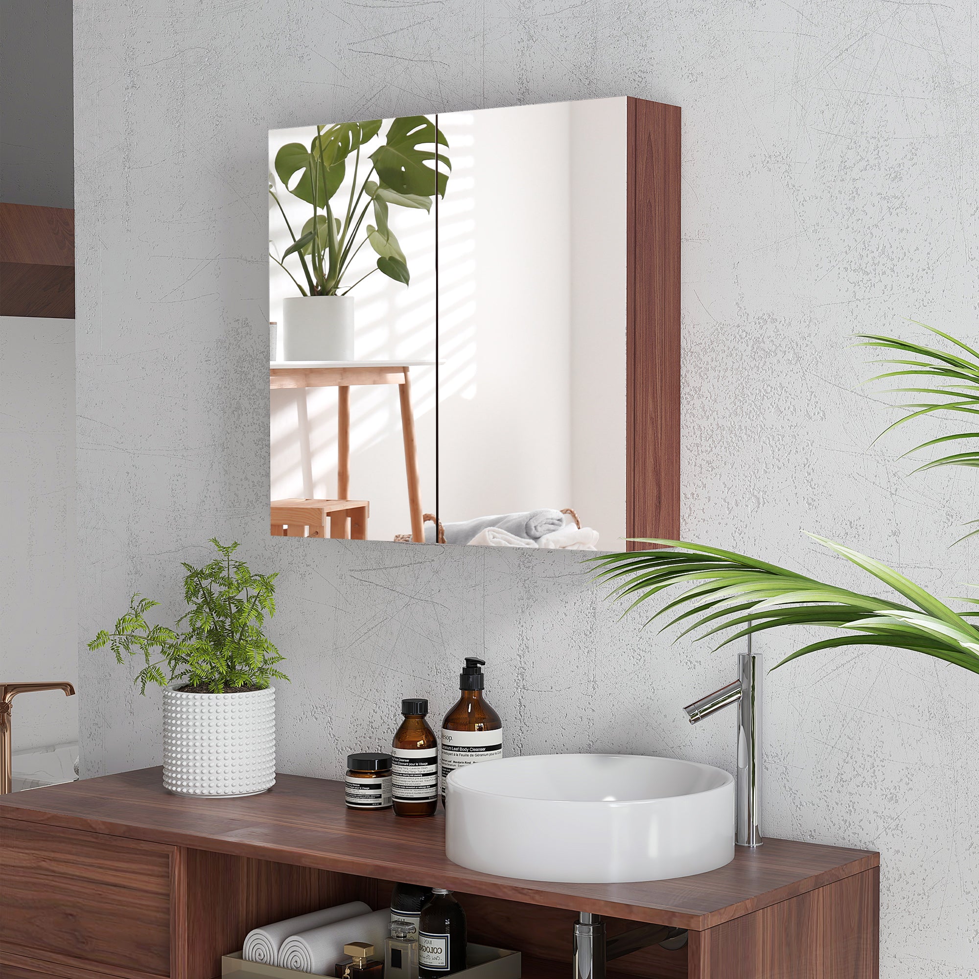 kleankin Double Door Bathroom Mirror Cabinet, Wall Mounted Bathroom Storage Cabinet, Soft Closing, 63L x 60Hcm - North Peak Garden Furniture