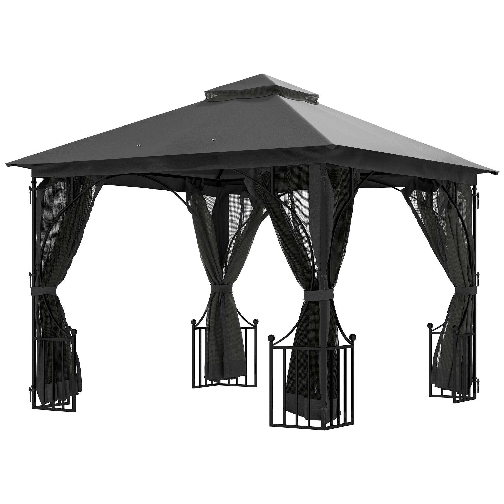 Outsunny 3 x 3(m) Garden Gazebo Patio Party Tent Shelter Outdoor Canopy Double Tier Sun Shade Metal Frame Netting, Dark Grey - North Peak Garden Furniture