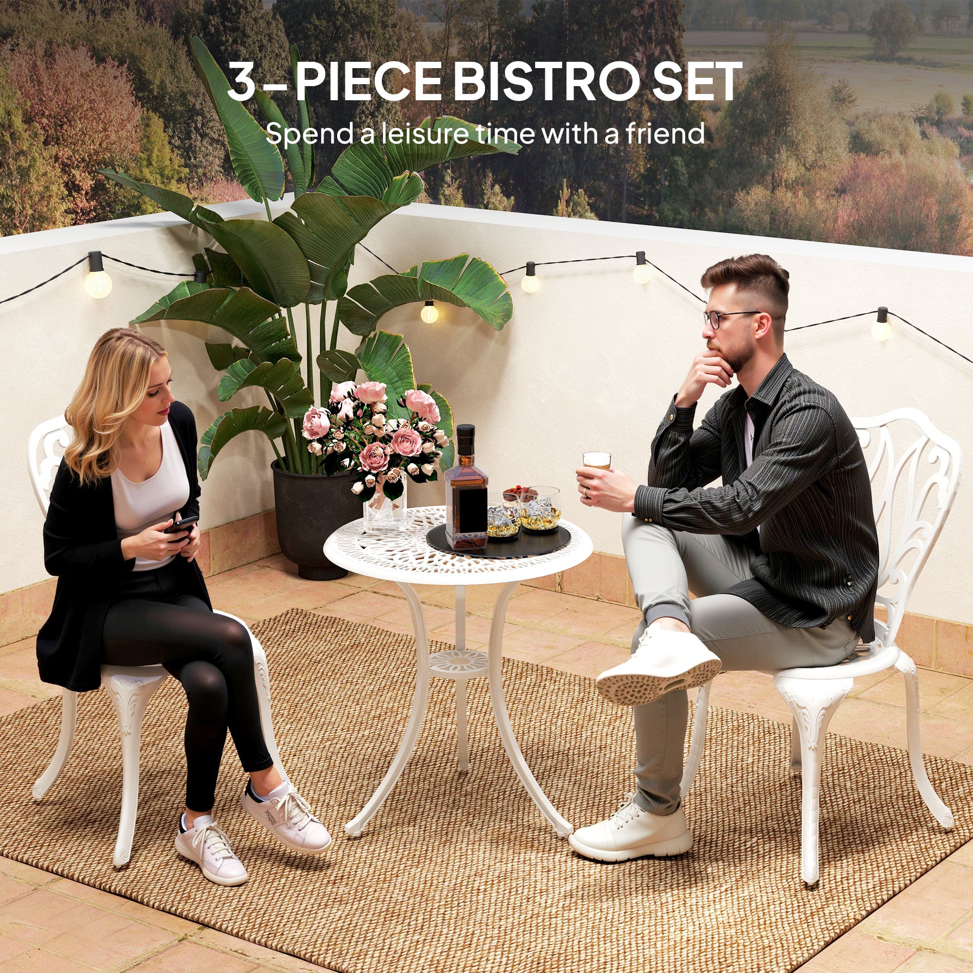 Outsunny 3 Piece Garden Bistro Set, Cast Aluminium Outdoor Furniture Set with Umbrella Hole for Balcony, Porch, Patio, White - North Peak Garden Furniture