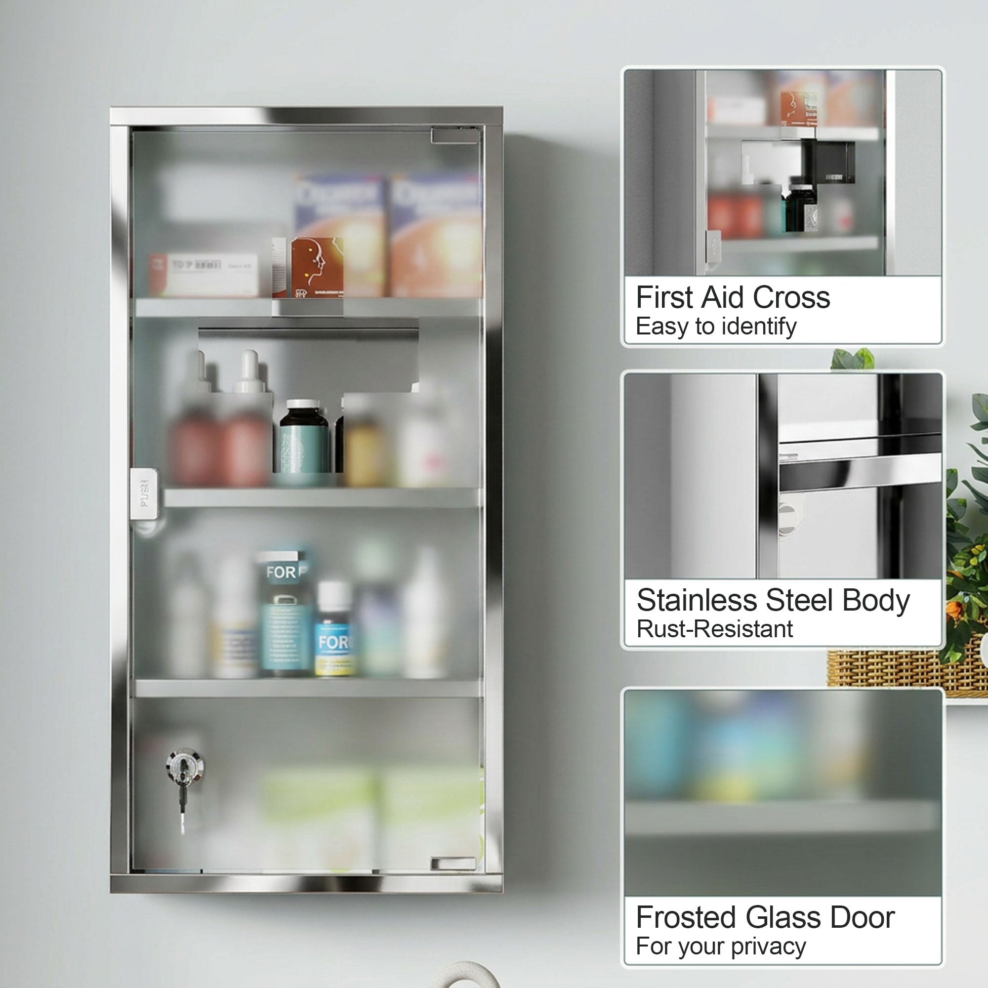 HOMCOM 4 Tier Stainless Steel Wall Mounted Medicine Cabinet Glass Lockable Door Storage Shelves Houseware Bathroom Furniture 60Hx30Wx12D(cm) w/2 Keys