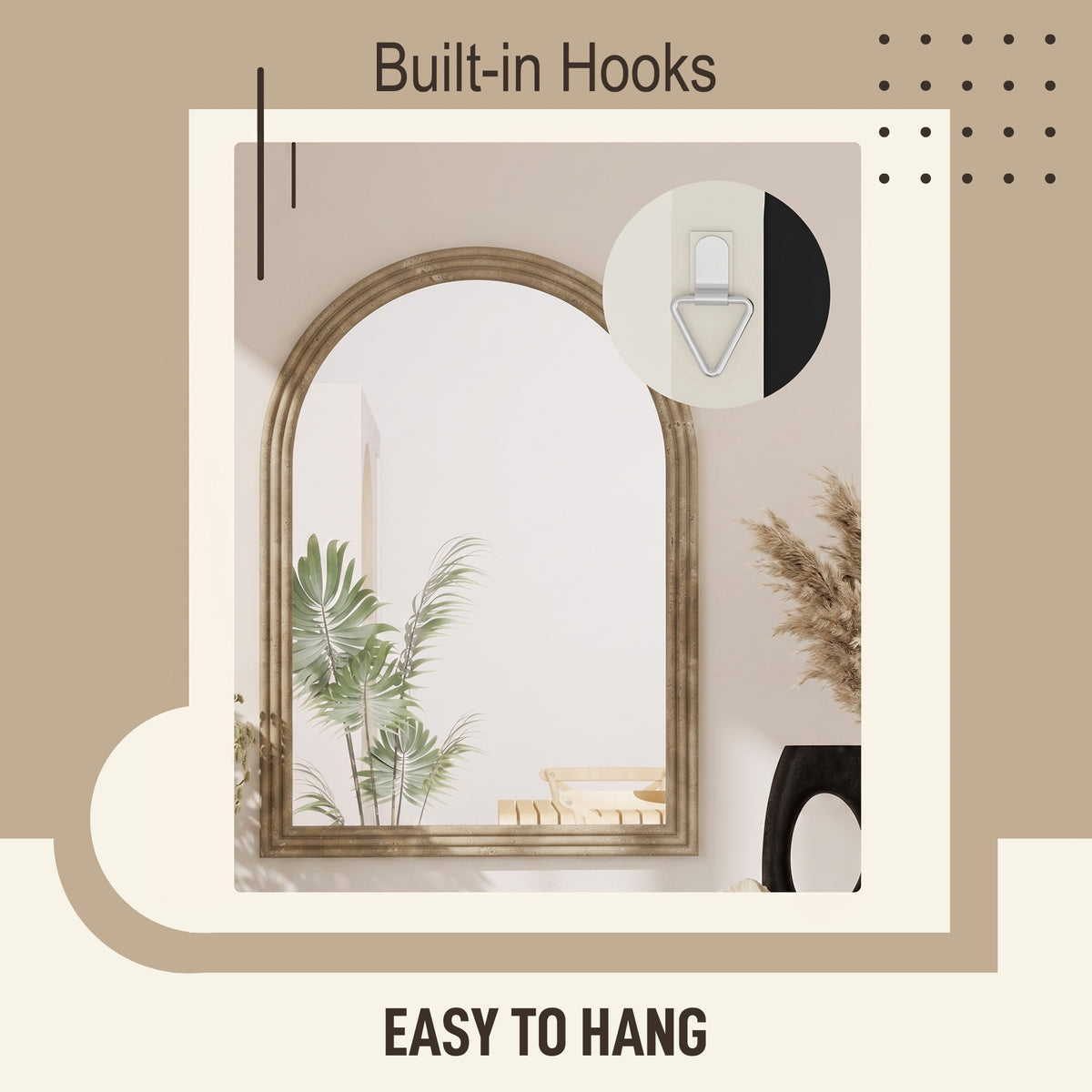 HOMCOM Modern Wall-Mounted Mirror, Arched Wall Mirror with Grooved Edge for Living Room, Entryway, Hallway, Brown