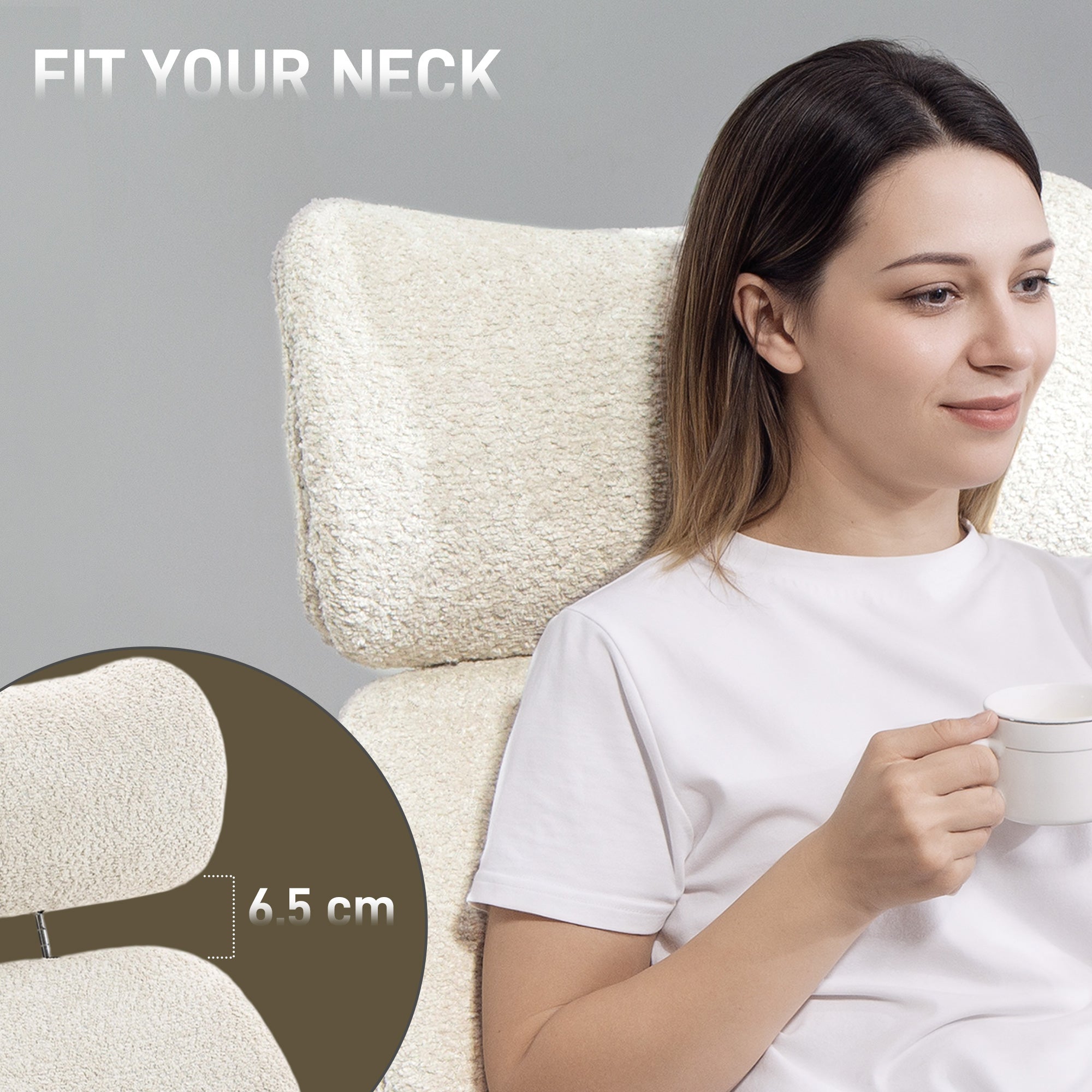 HOMCOM Office Chair with Adjustable Headrest, Spring Pack, Curved Line, Boucle Fabric - Pale Grey