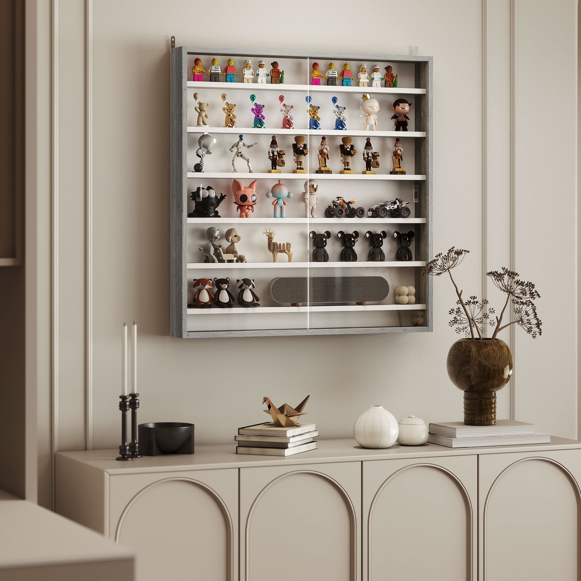 HOMCOM Six Shelf Display Cabinet, with Glass Doors - Graphite Wood Effect
