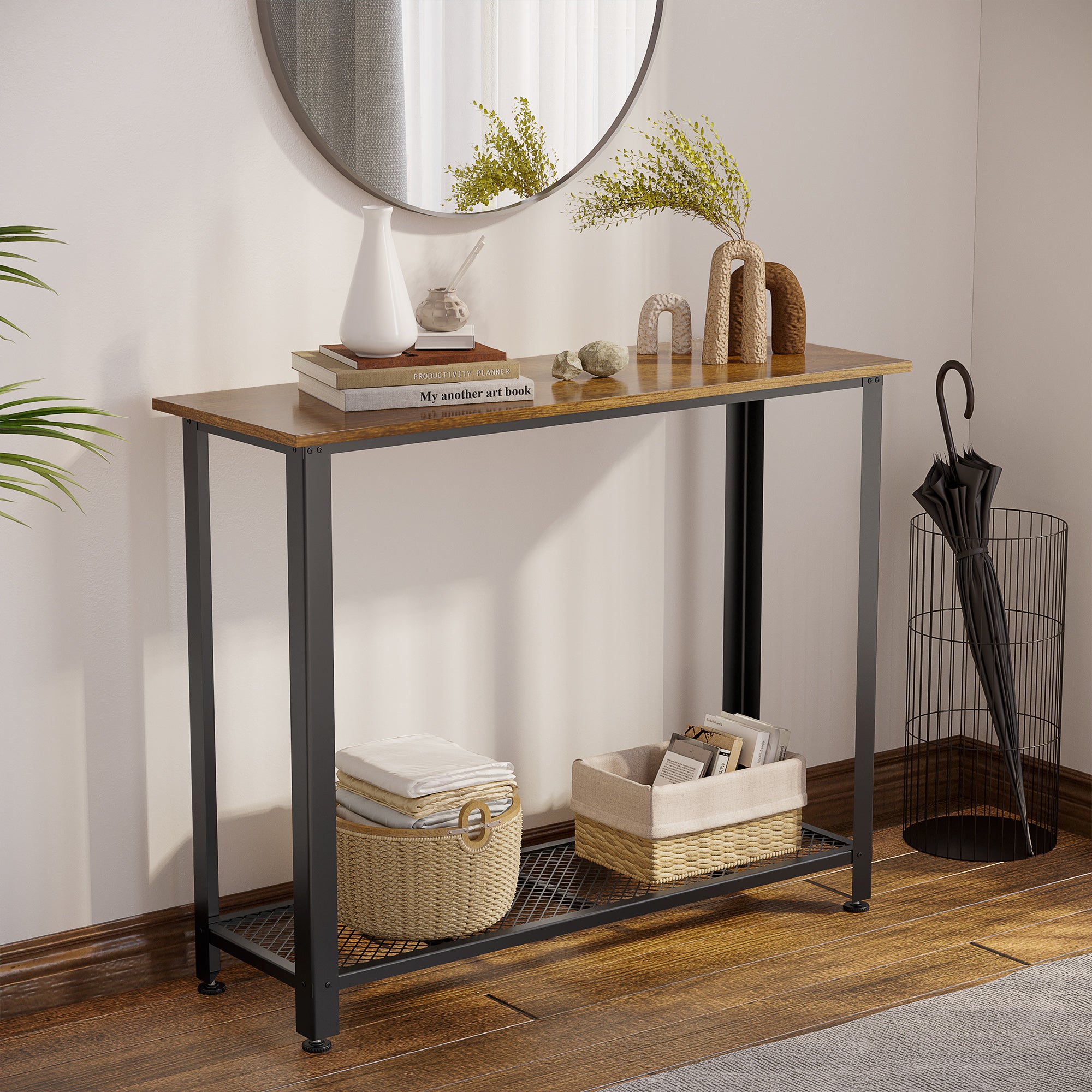 HOMCOM Industrial Console Table，Entryway Table w/Bottom Mesh Shelf Metal Frame Vintage Sofa Table for Hallway, Living Room, Rustic Brown - North Peak Garden Furniture