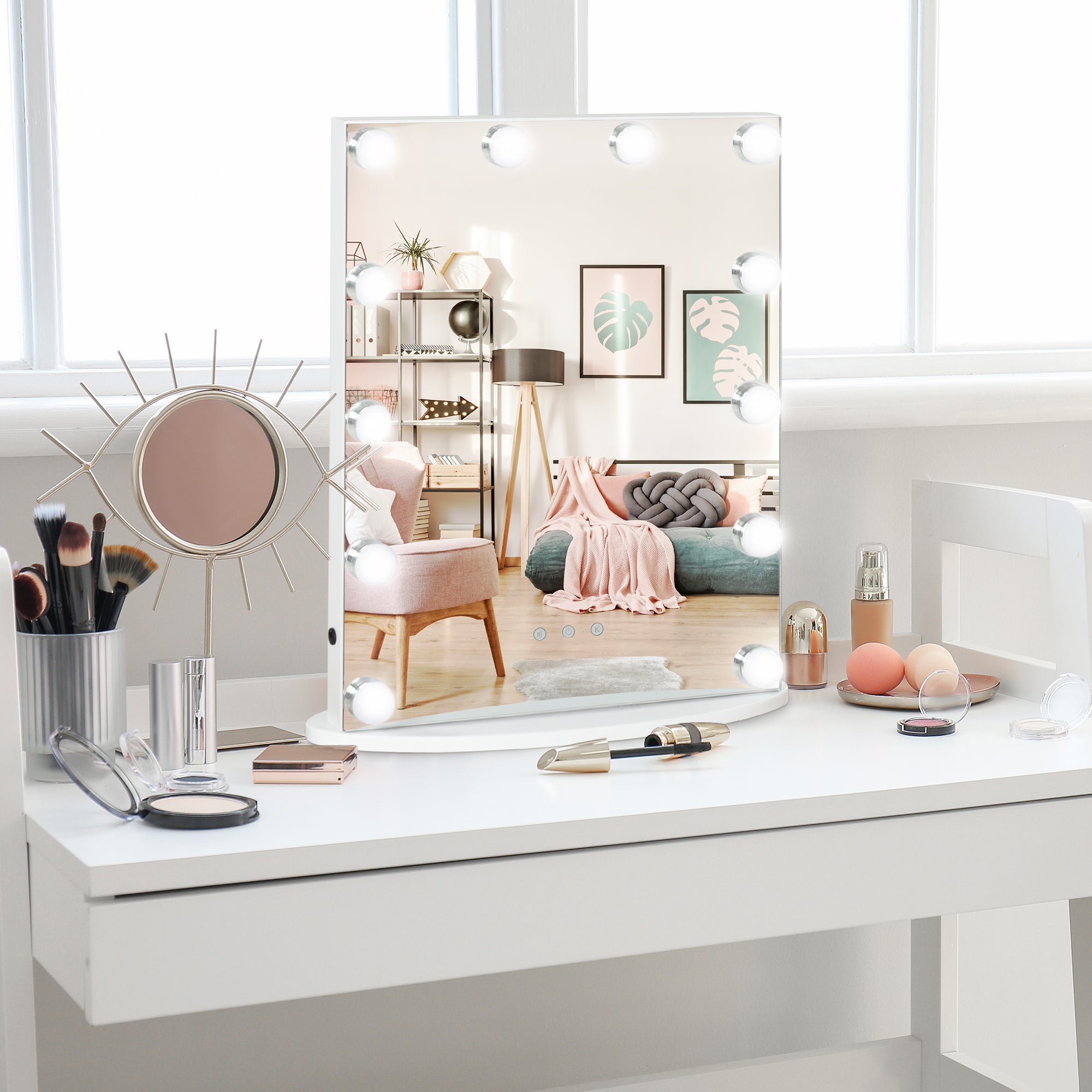 HOMCOM Hollywood Mirror with Lights for Makeup Dressing Table, Lighted Vanity Mirror with 12 Dimmable LED Bulbs and USB Plug in Power Supply, White - North Peak Garden Furniture