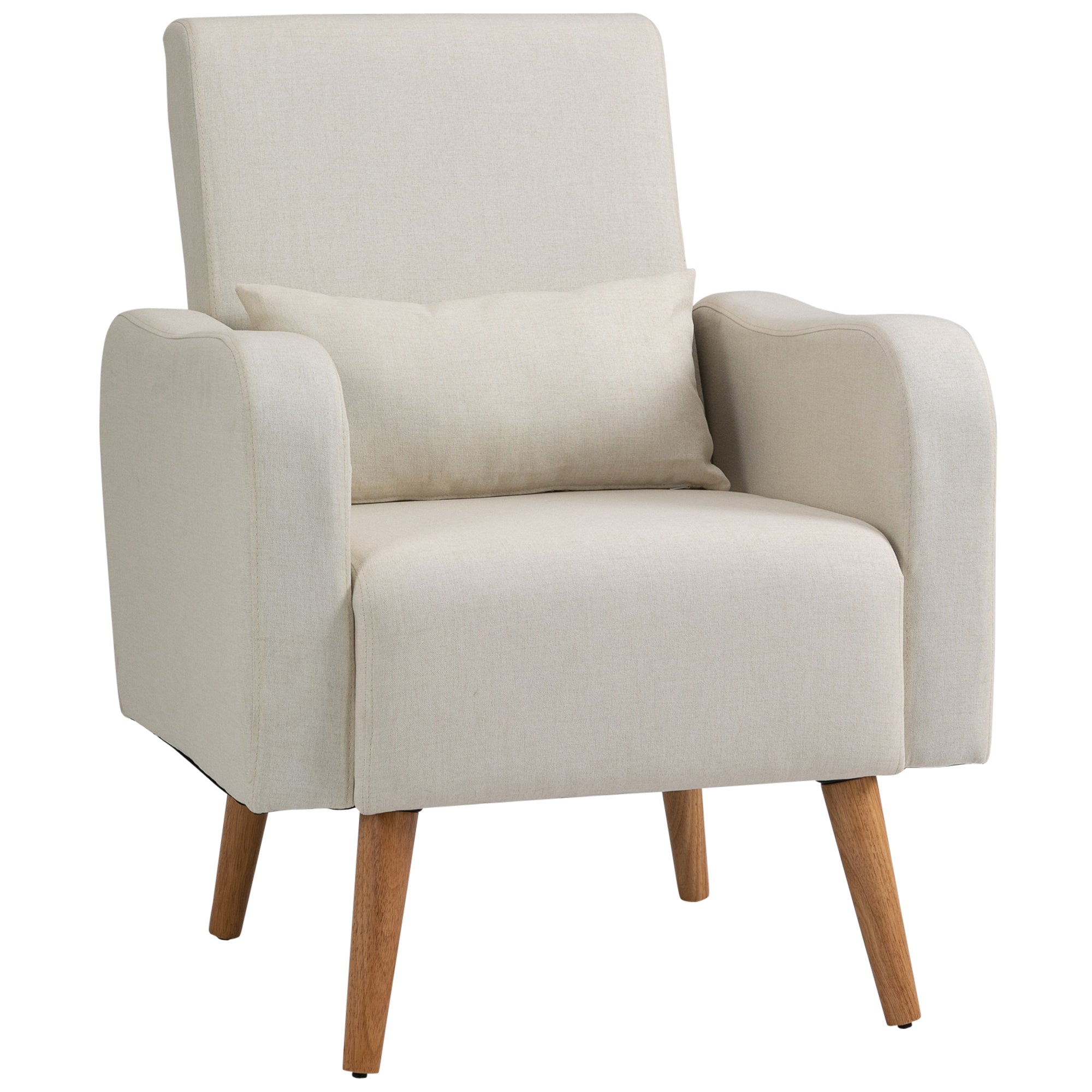 HOMCOM Accent Chair, Linen-Touch Armchair, Upholstered Leisure Lounge Sofa for Living Room, Club Chair with Wooden Frame, Cream - North Peak Garden Furniture