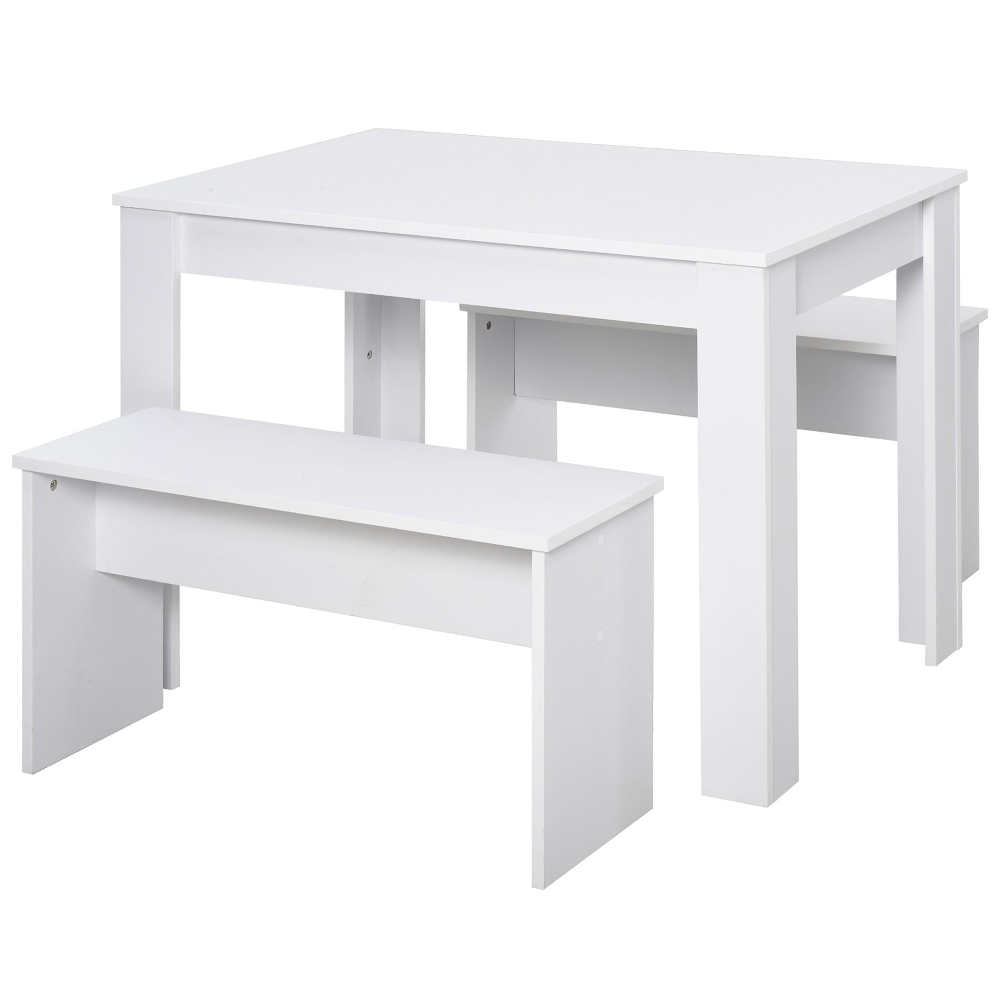 HOMCOM Kitchen Dining Table and 2 Benches Set, Table and Chairs Set for Limited Space, White