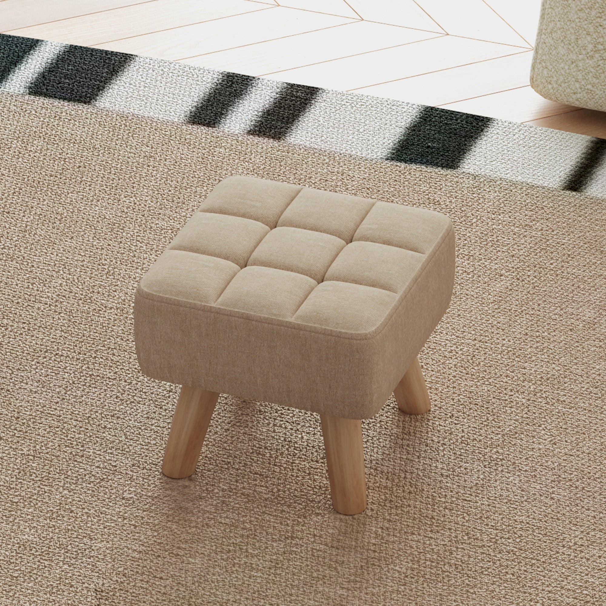 HOMCOM Modern Tufted Footstool, Fabric Foot Stool with Rubber Wood Legs, Padded Seat, for Living Room, Bedroom, Entryway, Light Brown - North Peak Garden Furniture