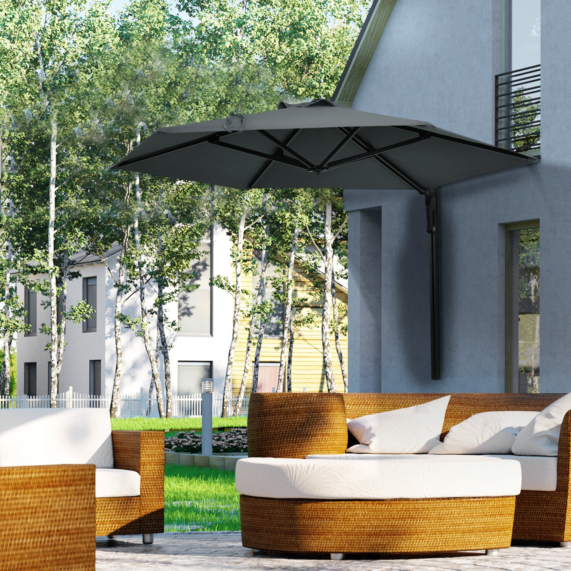 Outsunny 2.5m Wall Mounted Parasol, Hand to Push Outdoor Patio Umbrella with 180 Degree Rotatable Canopy for Porch, Deck, Garden, 250 cm, Dark Grey - North Peak Garden Furniture