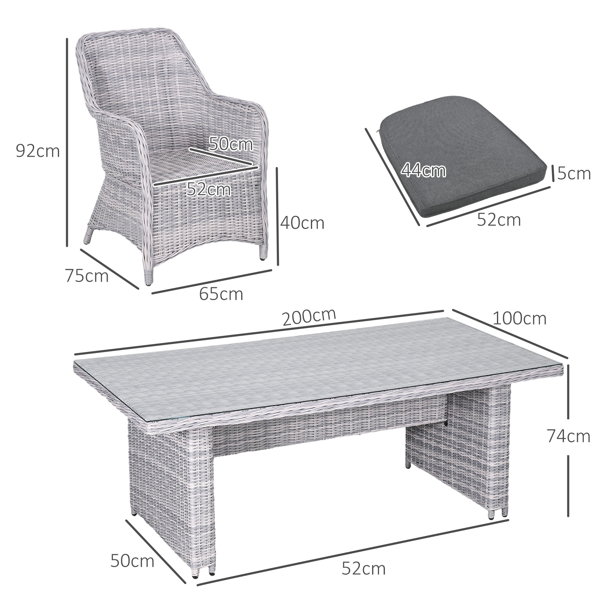 Outsunny 6 Seater Rattan Dining Set, Round PE Rattan Garden Furniture Set with Seat and Back Cushions, Aluminium Outdoor Dining Table and Chairs with 6 Armchairs, Rectangular Glass Top Table, Grey - North Peak Garden Furniture